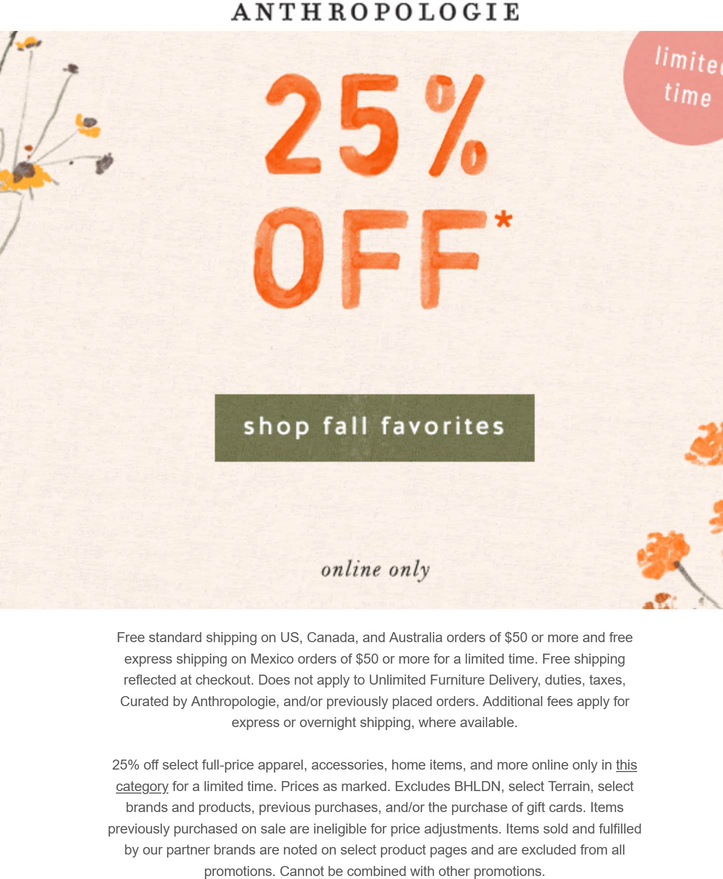 Anthropologie stores Coupon  25% off fall items online at Anthropologie #anthropologie 