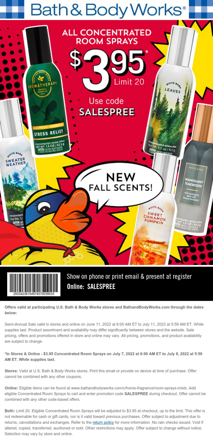 Bath & Body Works stores Coupon  $4 concentrated room sprays today at Bath & Body Works, or online via promo code SALESPREE #bathbodyworks 