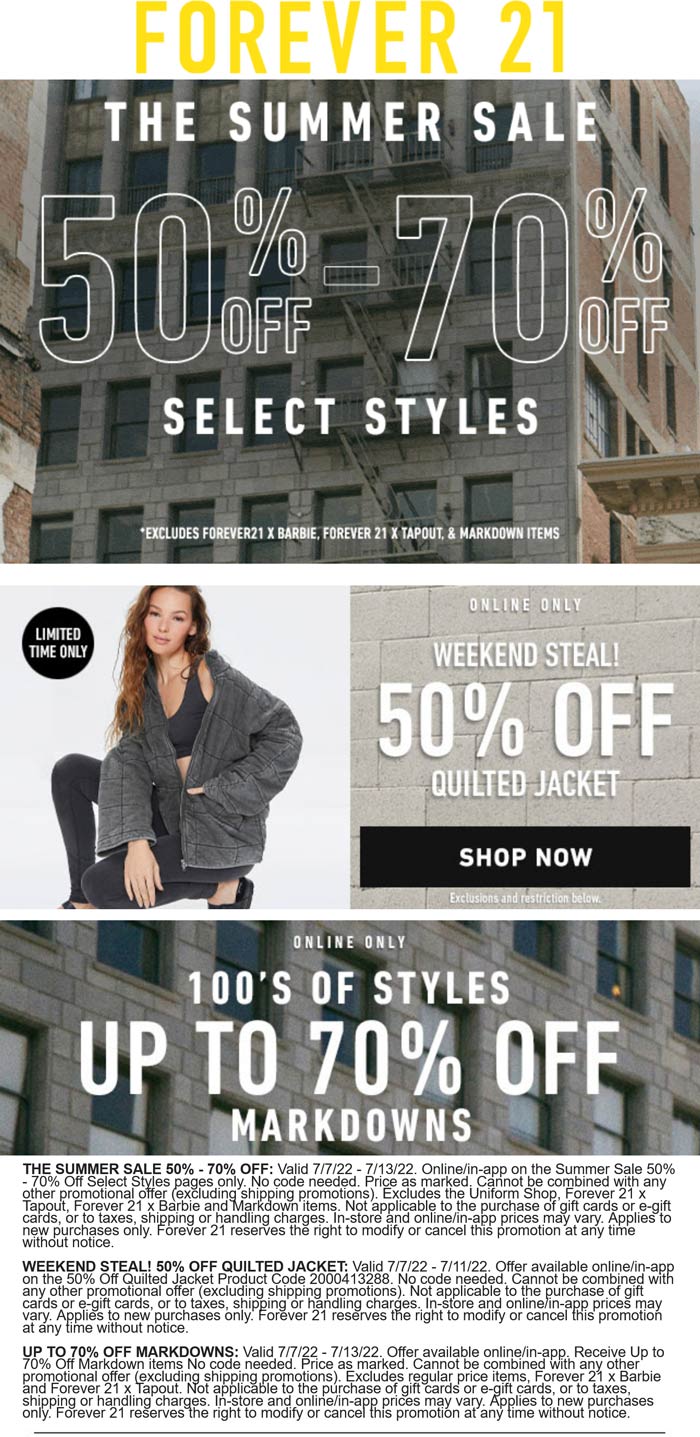 Forever 21 stores Coupon  50-70% off summer styles online at Forever 21 #forever21 