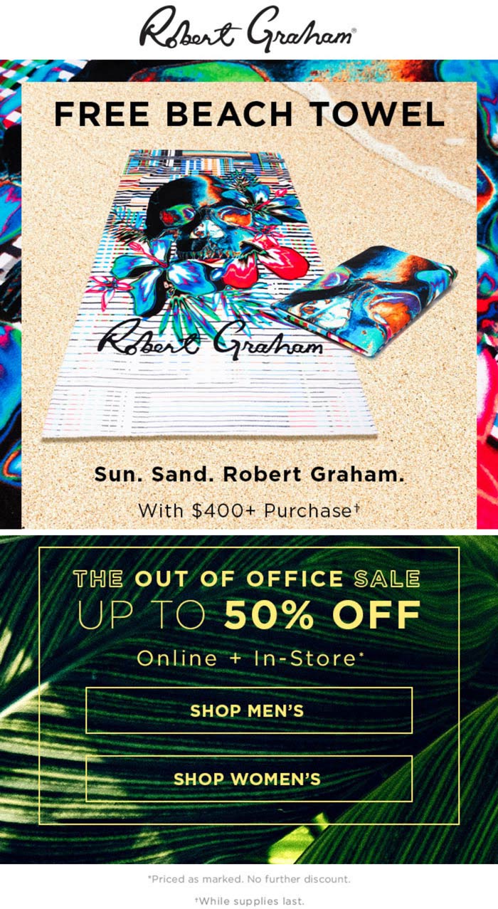 Robert Graham stores Coupon  Free beach towel on $400 at Robert Graham #robertgraham 