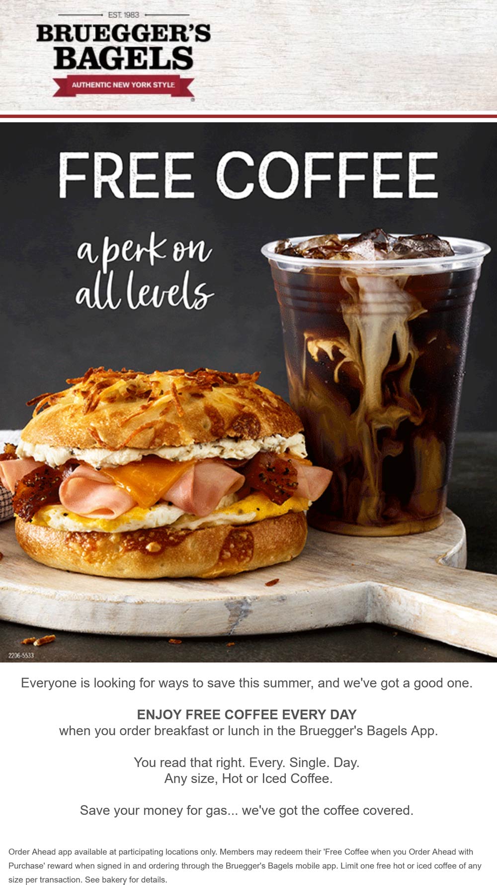Brueggers Bagels restaurants Coupon  Free coffee with your breakfast or lunch via mobile at Brueggers Bagels #brueggersbagels 