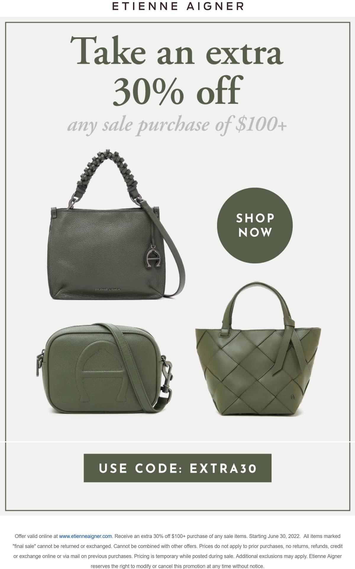 Etienne Aigner stores Coupon  Extra 30% off $100 on sale items at Etienne Aigner via promo code EXTRA30 #etienneaigner 