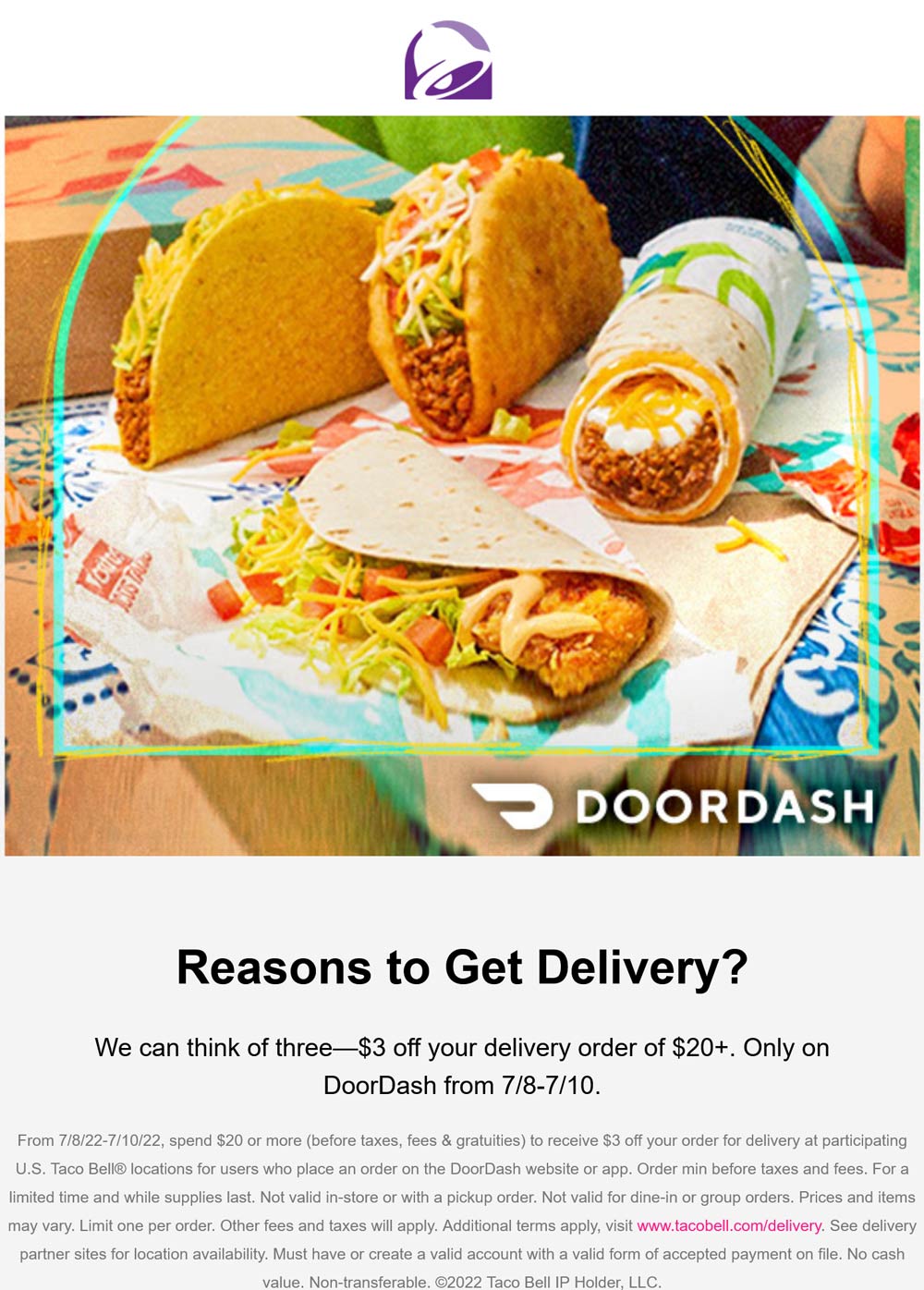 Taco Bell restaurants Coupon  $3 off $20 on delivery at Taco Bell #tacobell 