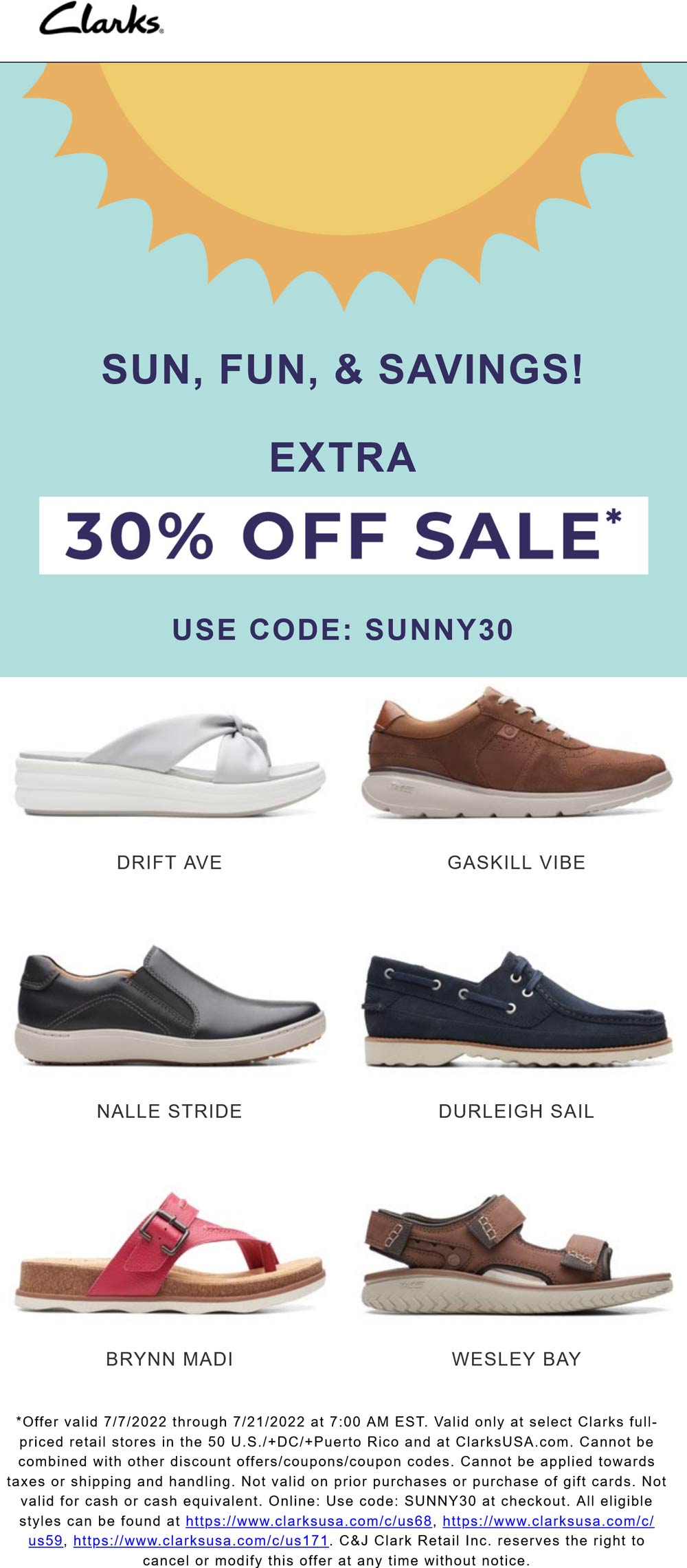 Clarks stores Coupon  Extra 30% off sale shoes at Clarks via promo code SUNNY30 #clarks 