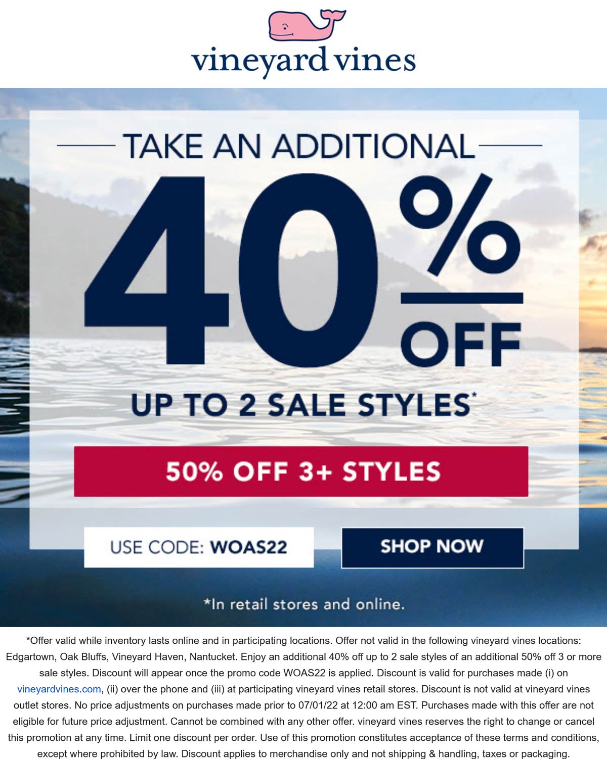 Vineyard Vines stores Coupon  40-50% off sale styles today at Vineyard Vines via promo code WOAS22 #vineyardvines 