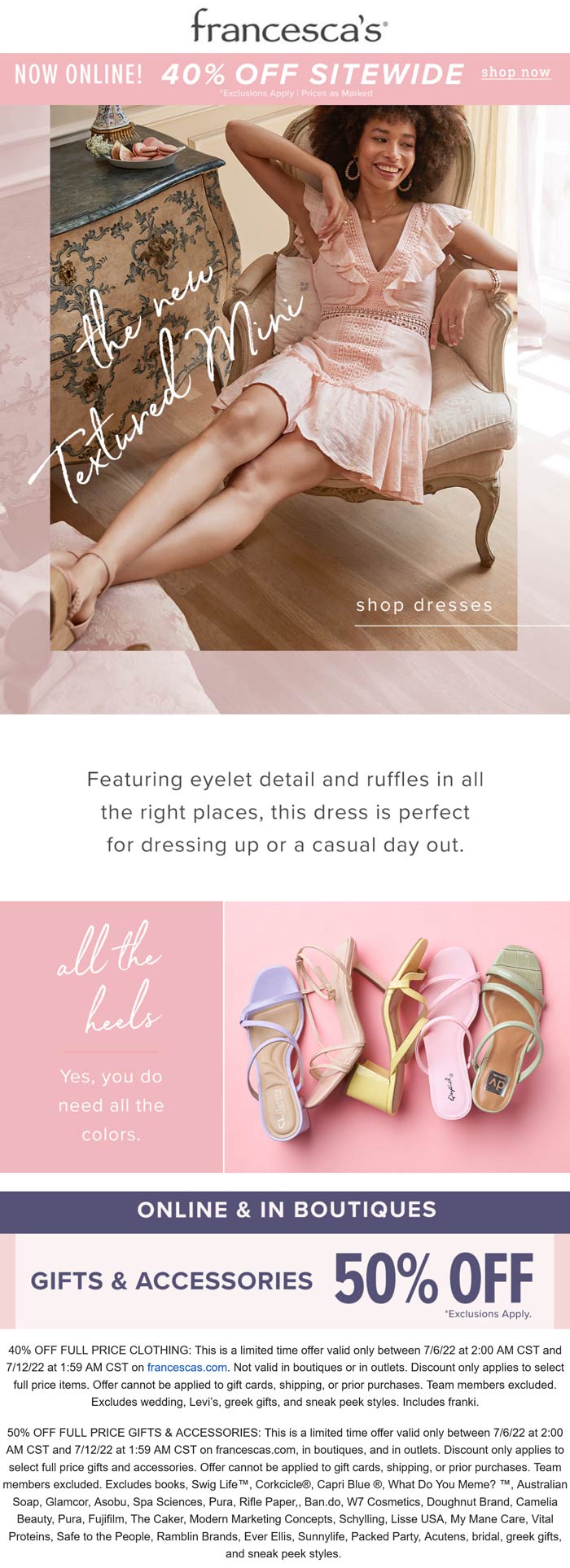 Francescas stores Coupon  40-50% off everything online today at Francescas #francescas 