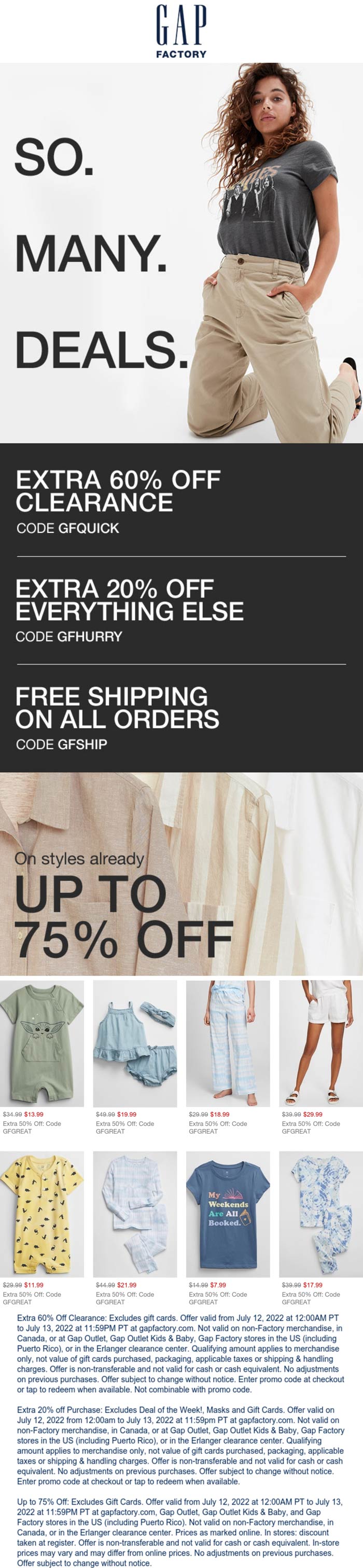 Gap Factory stores Coupon  20% off everything & 60% off clearance online at Gap Factory via promo code GFHURRY #gapfactory 