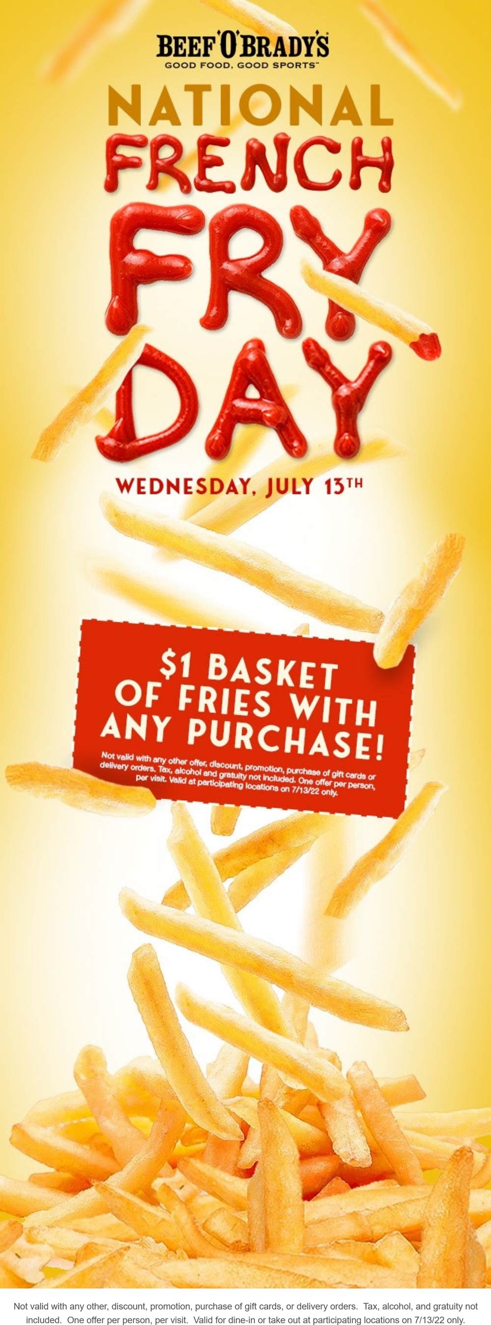 Beef OBradys restaurants Coupon  $1 basket of fries with your purchase today at Beef OBradys restaurants #beefobradys 