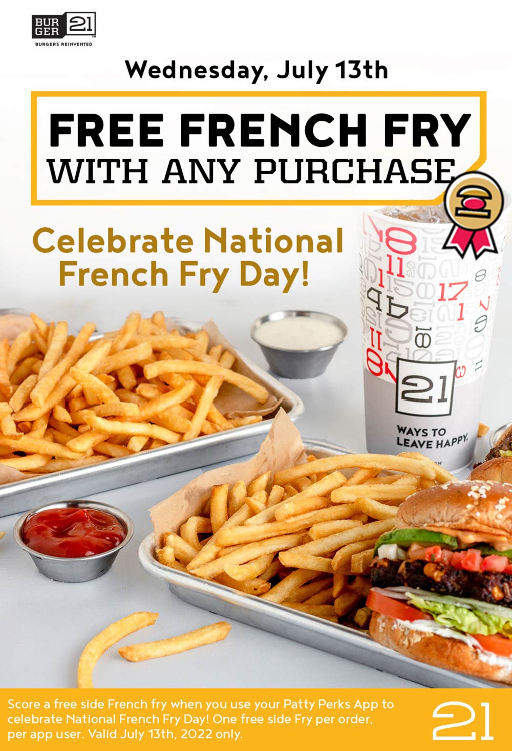 Burger 21 restaurants Coupon  Free french fries with your order today at Burger 21 restaurants #burger21 