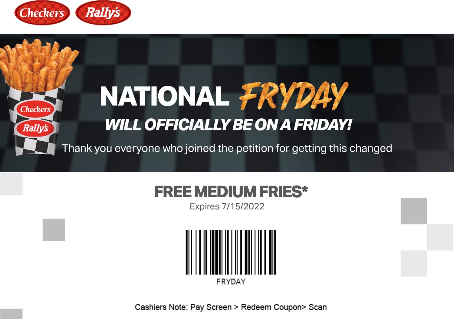 Checkers restaurants Coupon  Free medium fries at Checkers & Rallys restaurants #checkers 
