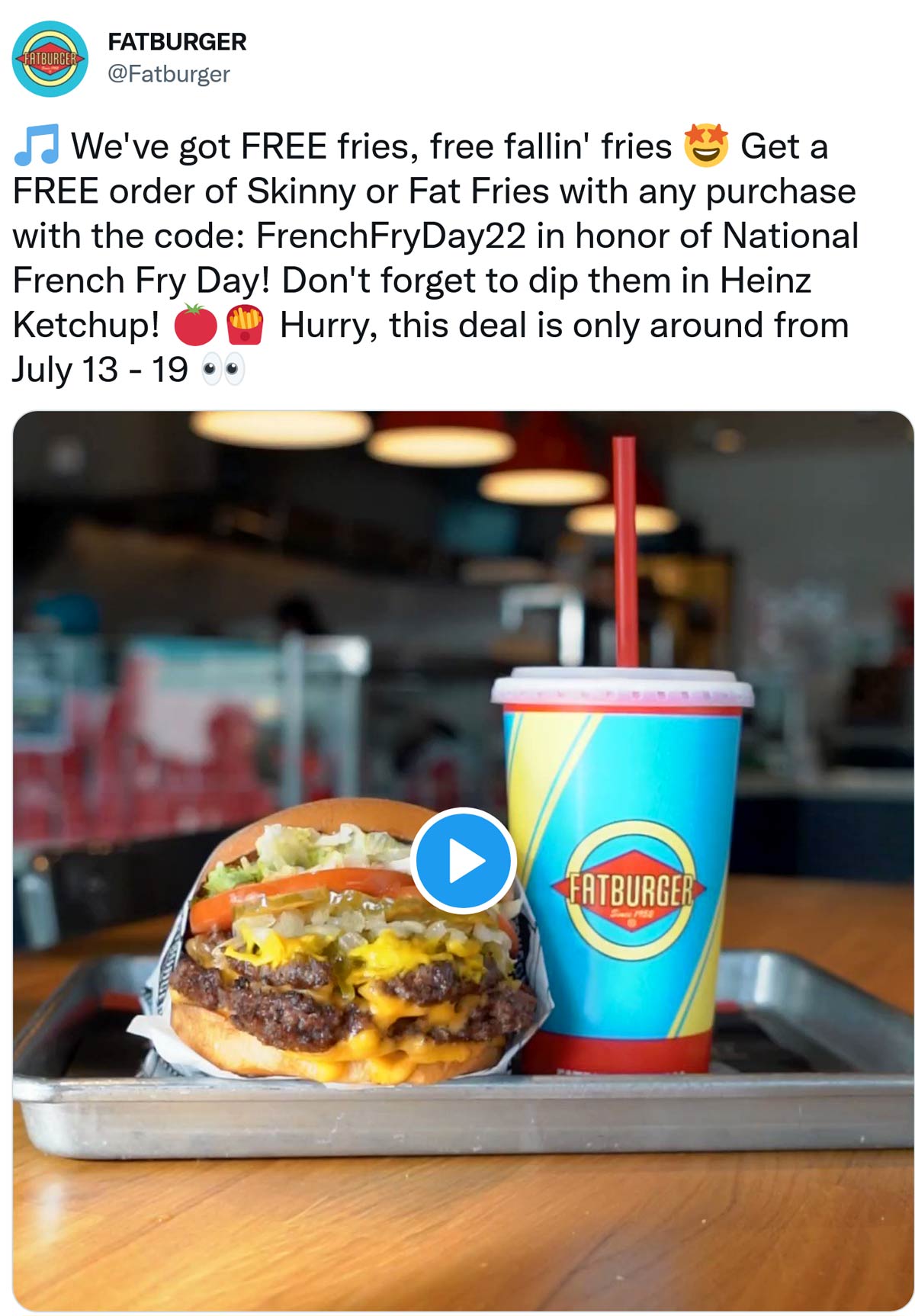 Fatburger restaurants Coupon  Free fries with your order at Fatburger restaurants via promo code FrenchFryDay22 #fatburger 