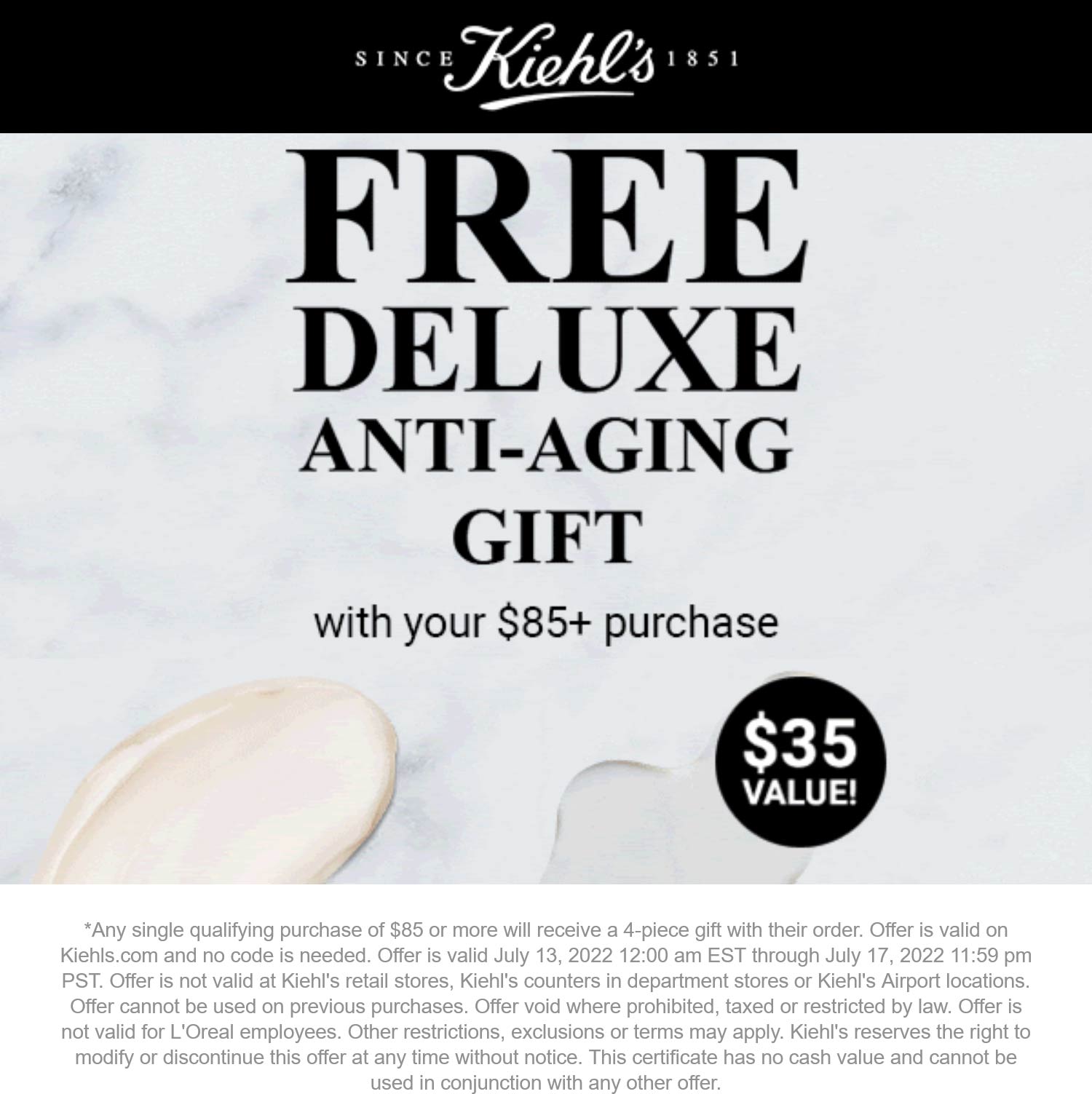 Kiehls stores Coupon  Free 4pc anti-aging gift on $85 at Kiehls #kiehls 
