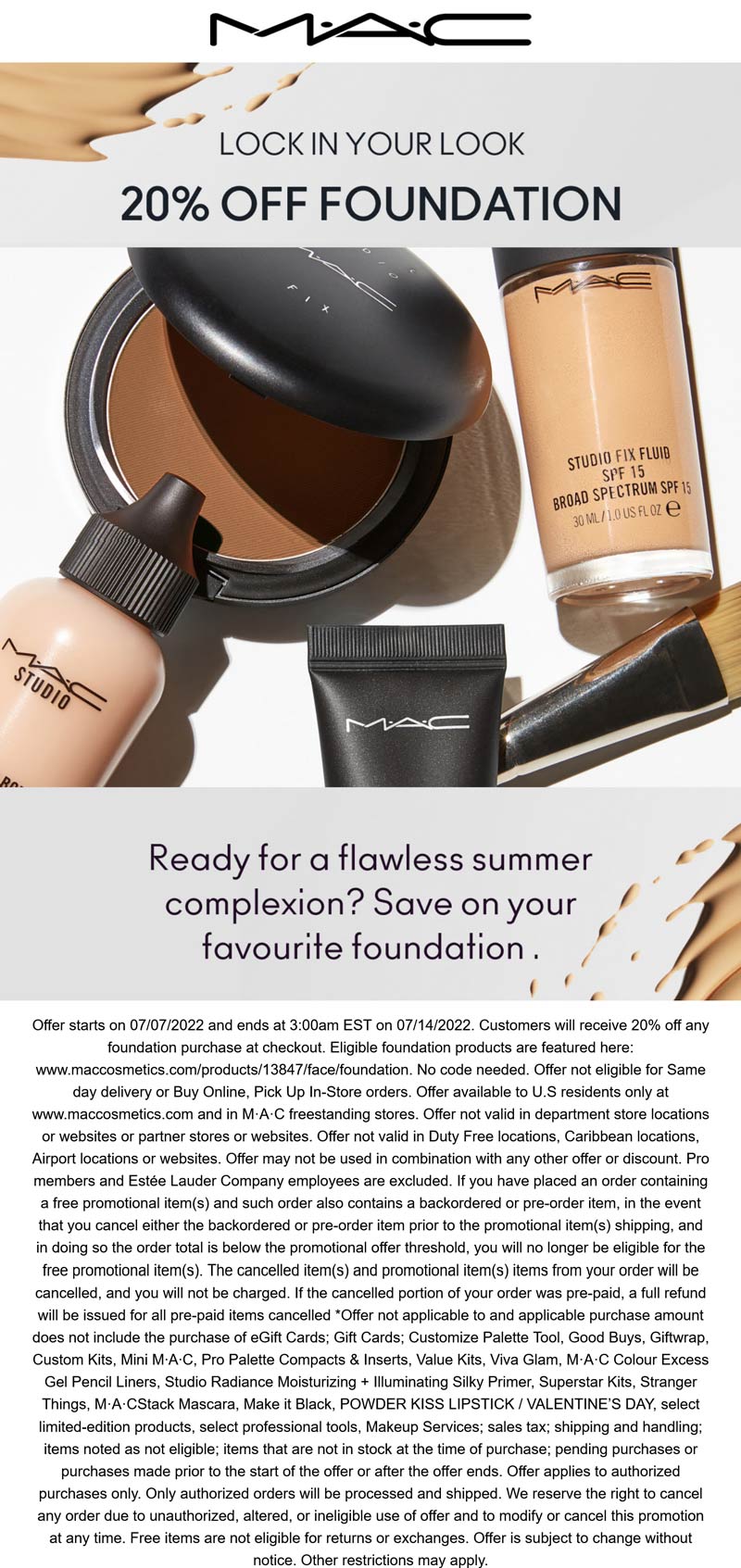 MAC stores Coupon  20% off foundation at MAC cosmetics, ditto online #mac 