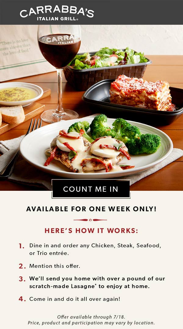 Carrabbas coupons & promo code for July 2025