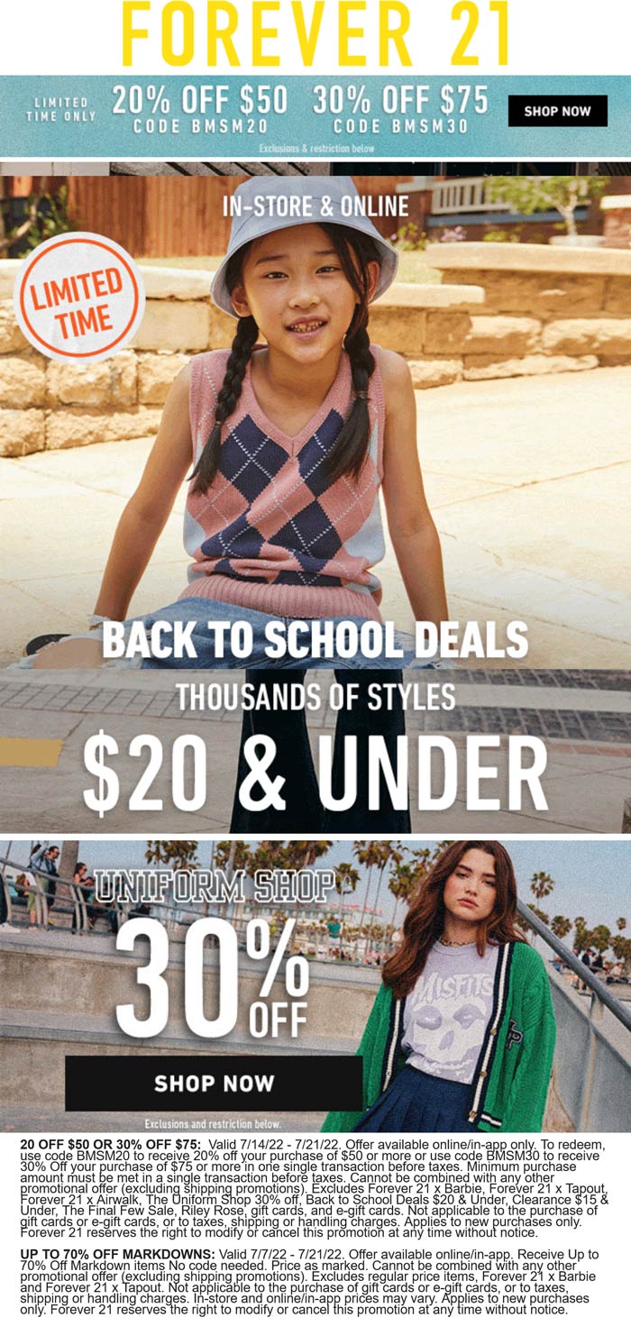 Forever 21 stores Coupon  20-30% off $50+ online at Forever 21 via promo code BMSM20 #forever21 