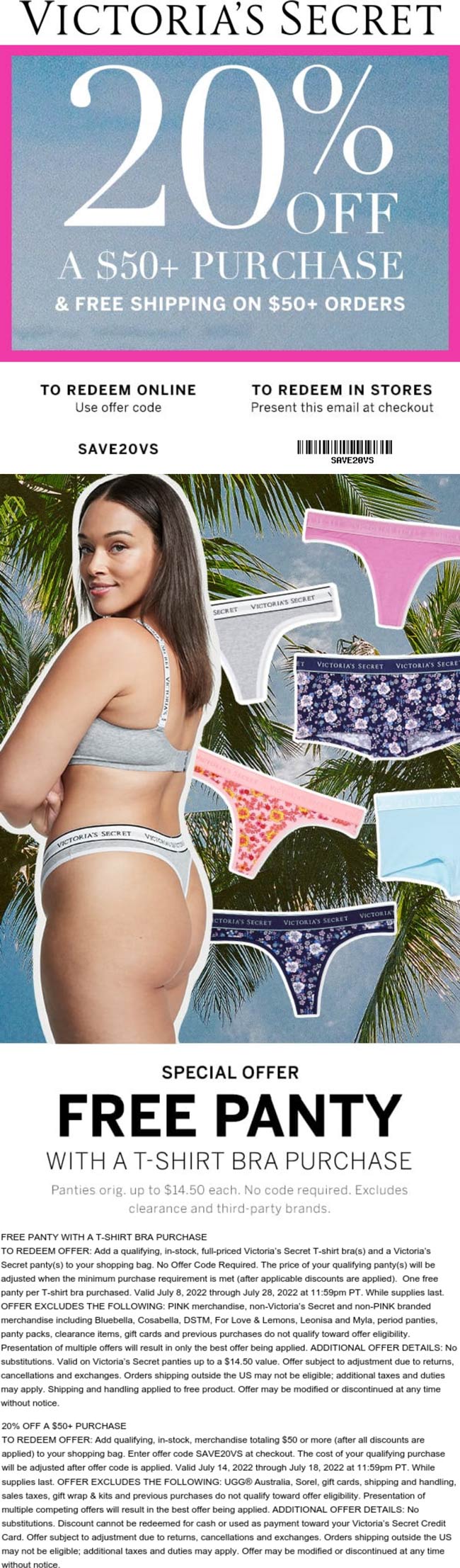 Victorias Secret stores Coupon  20% off $50 at Victorias Secret, or online via promo code SAVE20VS #victoriassecret 