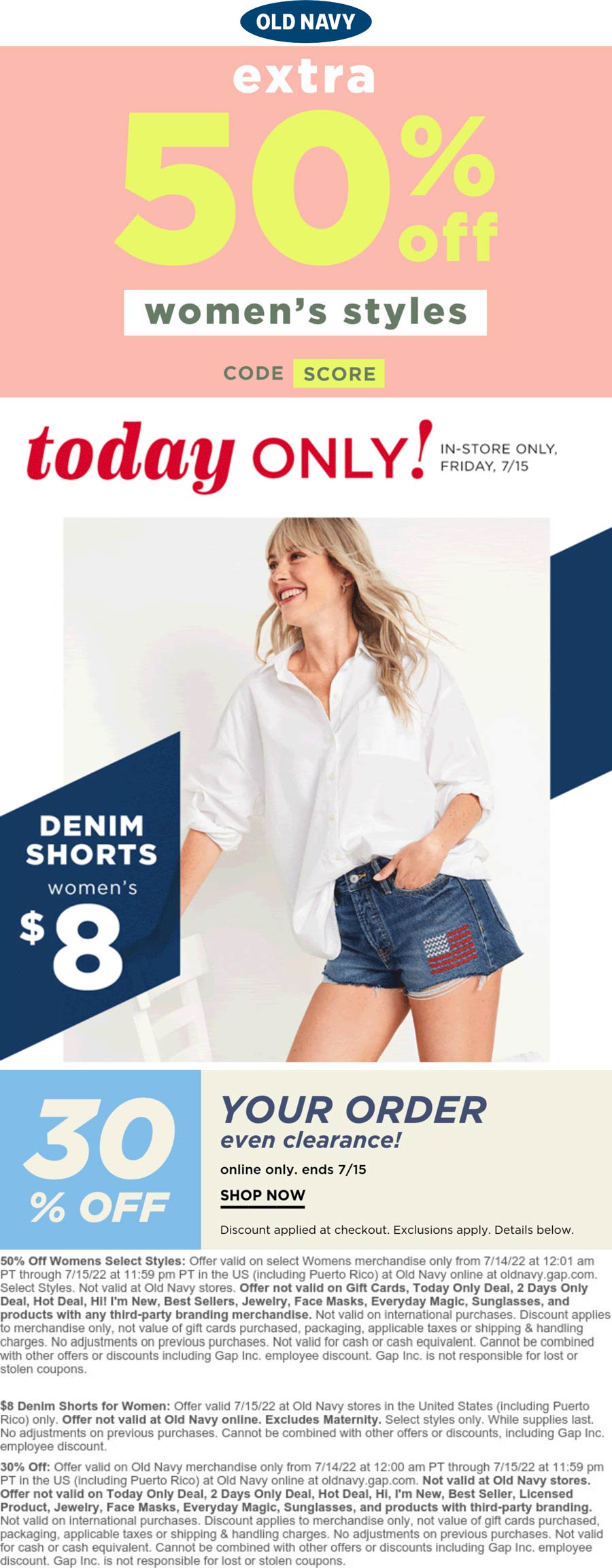 Old Navy stores Coupon  30% off everything & 50% off womens today online at Old Navy #oldnavy 