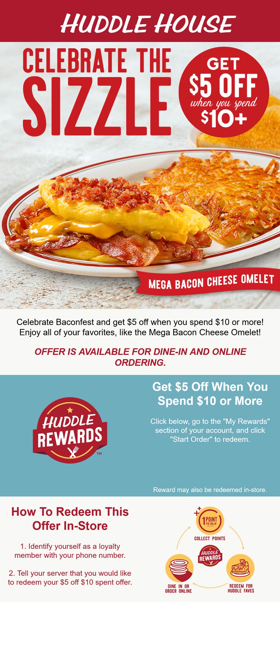 Huddle House restaurants Coupon  $5 off $10 via rewards at Huddle House restaurants #huddlehouse 