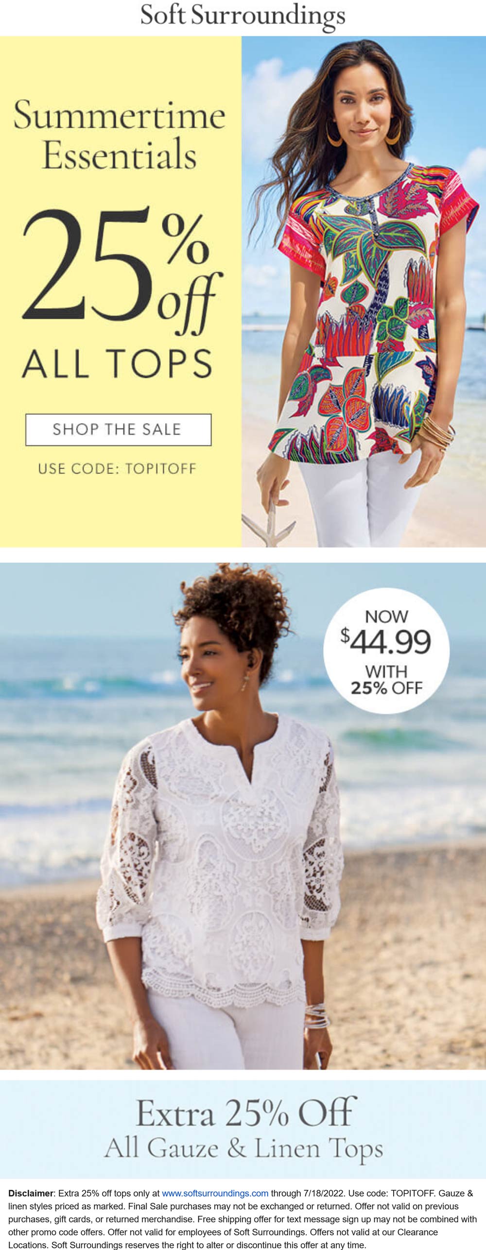 Soft Surroundings stores Coupon  Extra 25% off tops at Soft Surroundings via promo code TOPITOFF #softsurroundings 