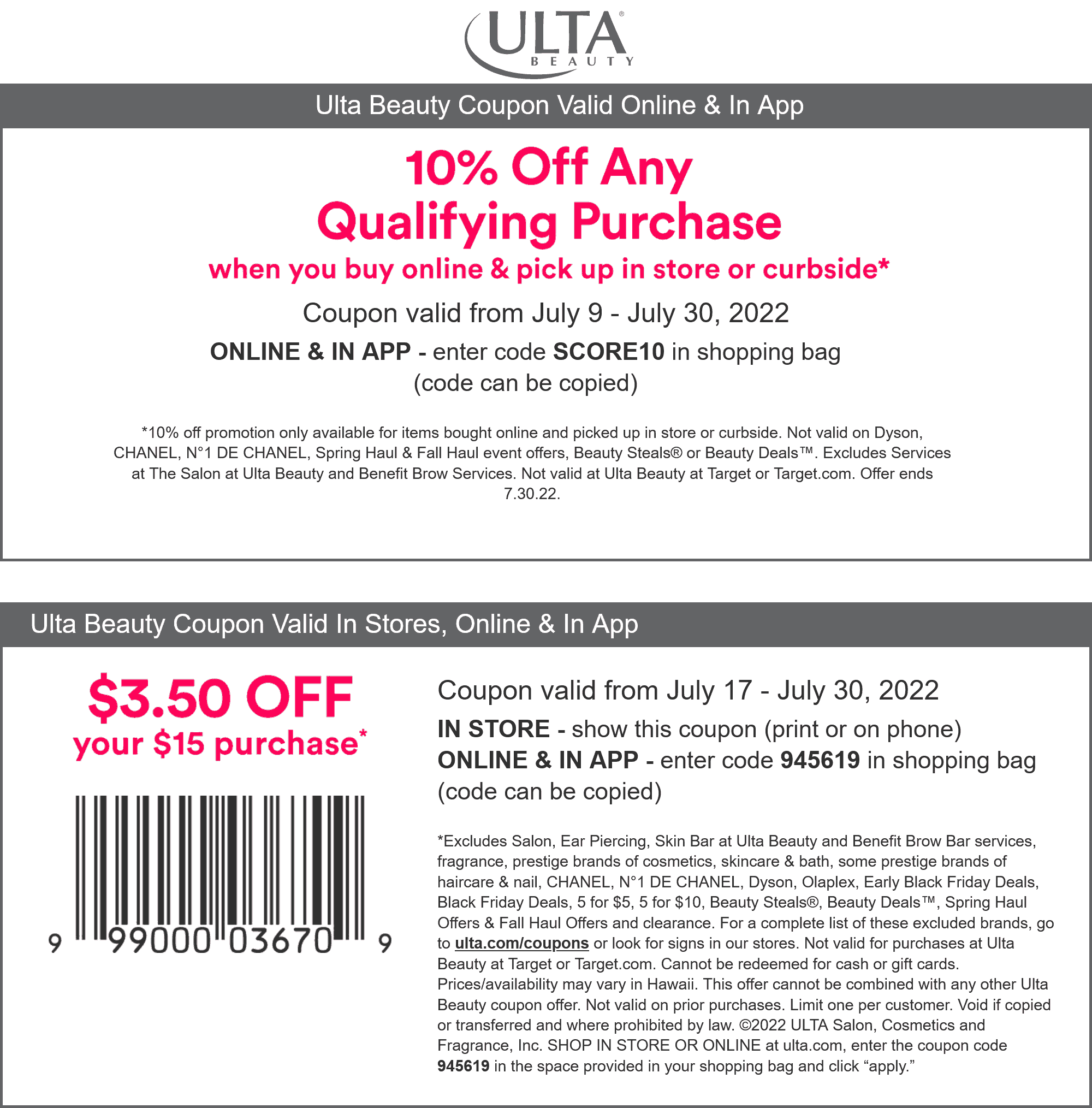 Ulta Beauty stores Coupon  $3.50 off $15 & more at Ulta Beauty, or online via promo code 945619 #ultabeauty 