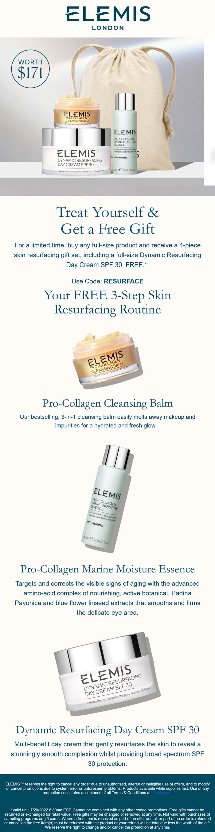 Elemis stores Coupon  Free 4pc skin set with any full-size product at Elemis via promo code RESURFACE #elemis 