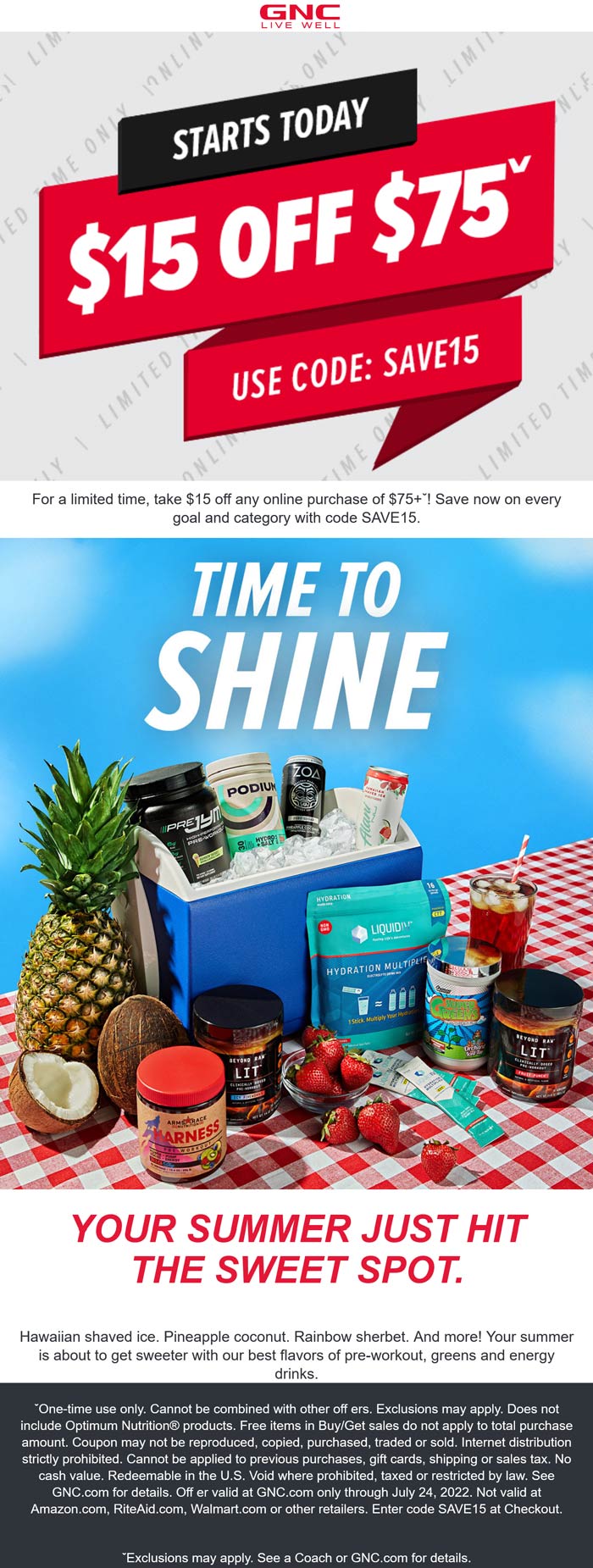 GNC stores Coupon  $15 off $75 online at GNC nutritional via promo code SAVE15 #gnc 
