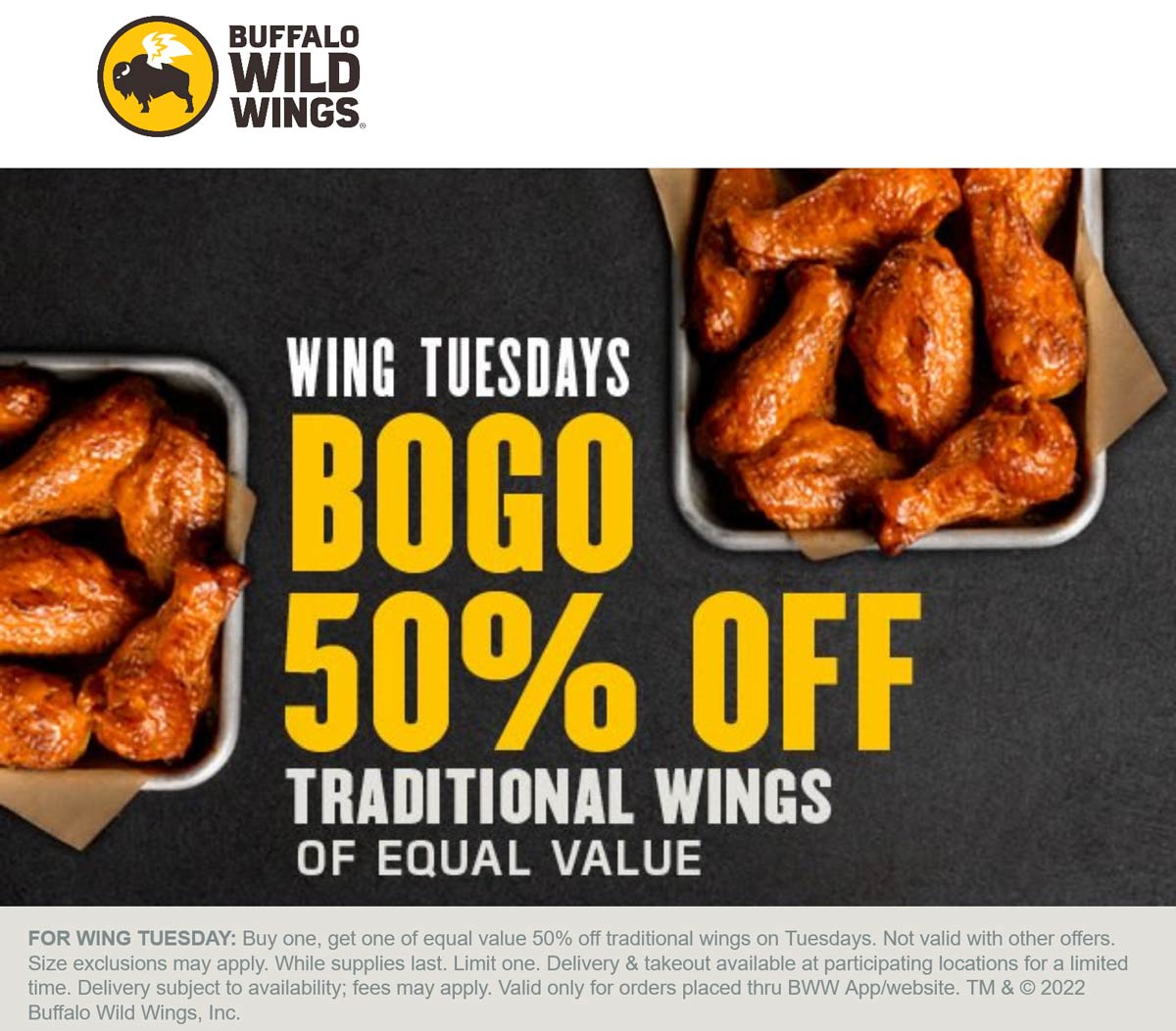 Buffalo Wild Wings restaurants Coupon  Second traditional chicken wings 50% off today at Buffalo Wild Wings #buffalowildwings 
