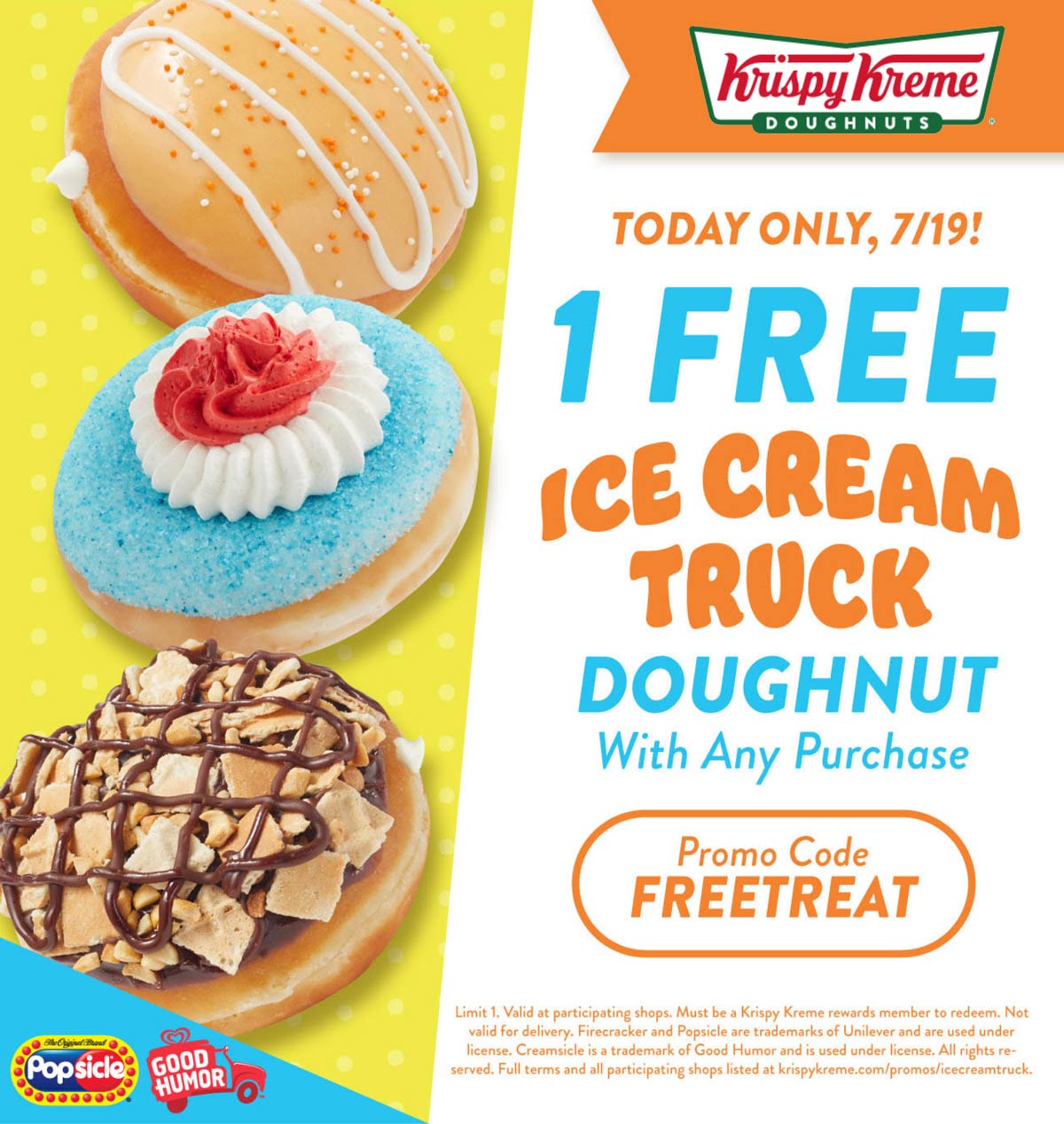 Krispy Kreme restaurants Coupon  Free ice cream truck doughnut with any purchase today at Krispy Kreme via promo code FREETREAT #krispykreme 