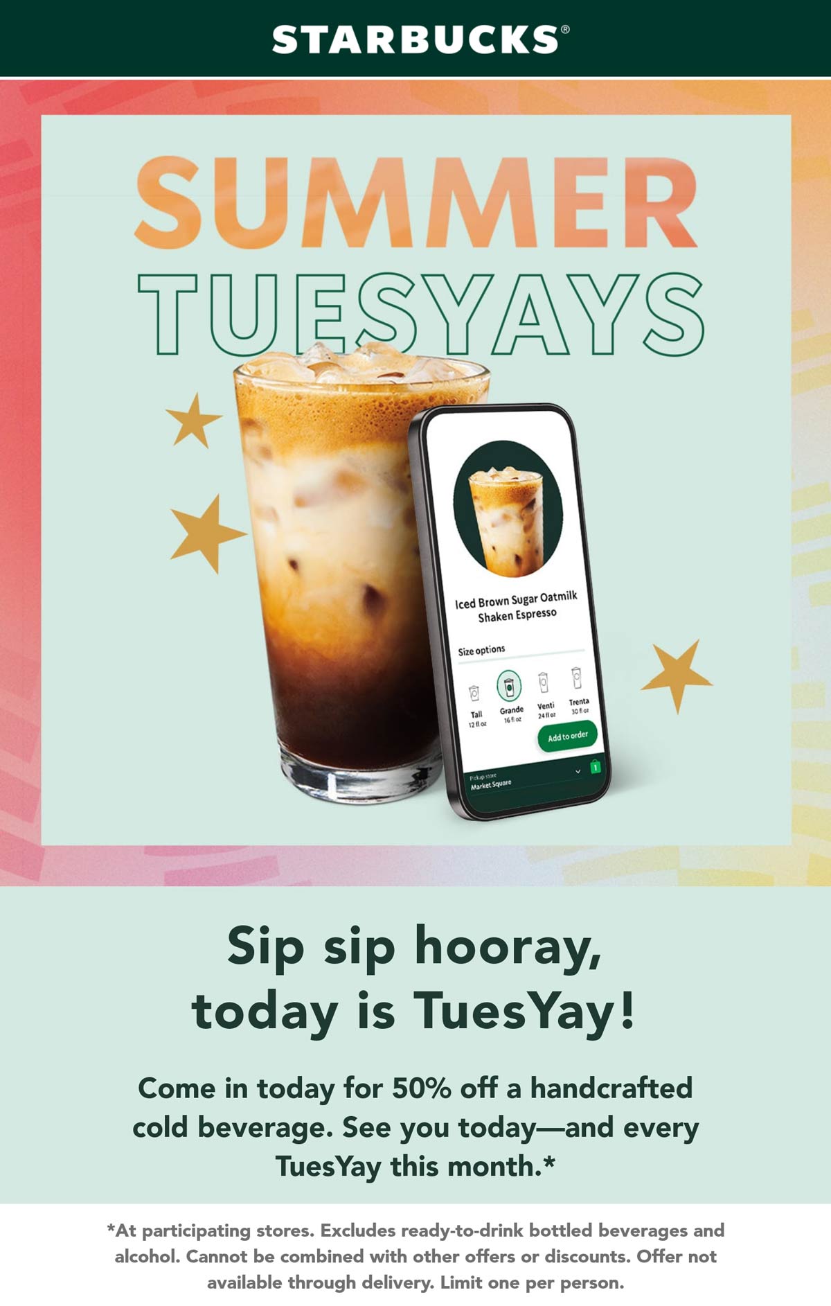 Starbucks restaurants Coupon  50% off a cold beverage today at Starbucks coffee #starbucks 