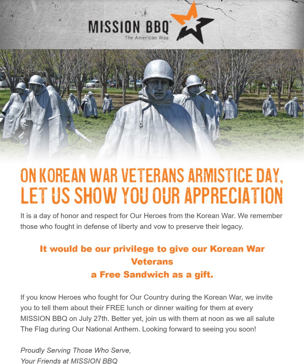Mission BBQ restaurants Coupon  Korean War vets enjoy a free sandwich the 27th at Mission BBQ #missionbbq 