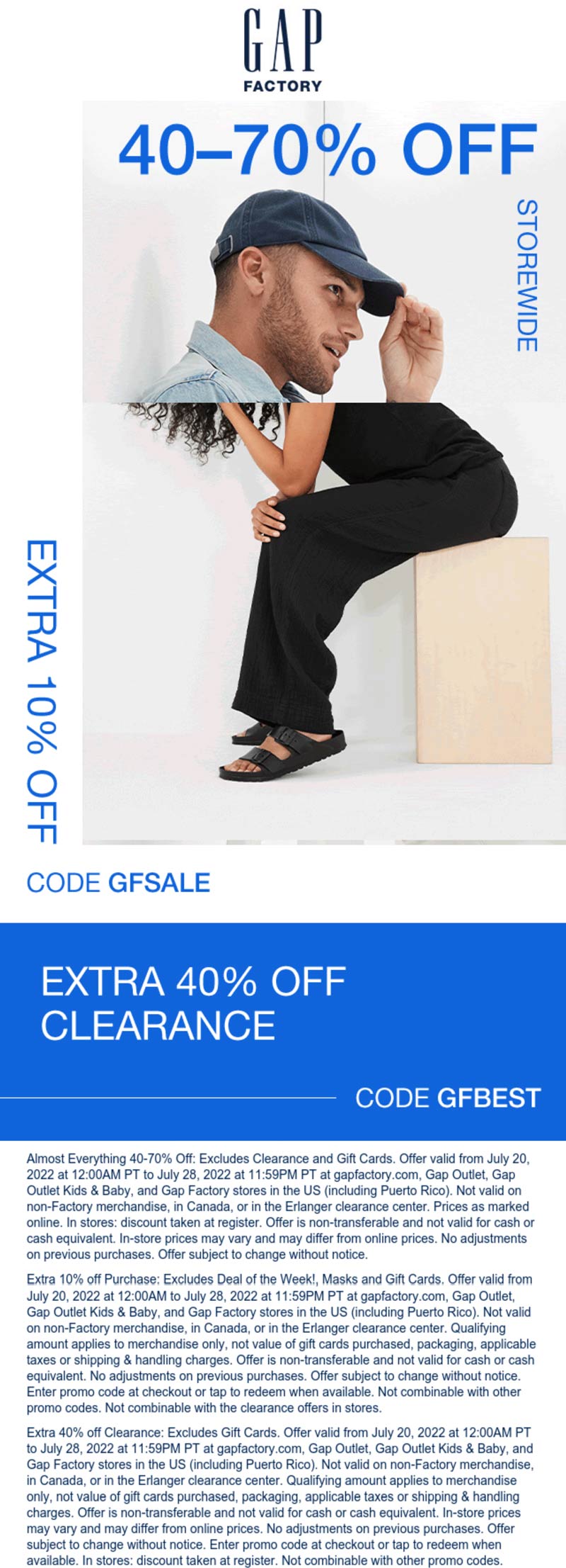 Gap Factory stores Coupon  40-70% off everything at Gap Factory, or online via promo code GFSALE #gapfactory 