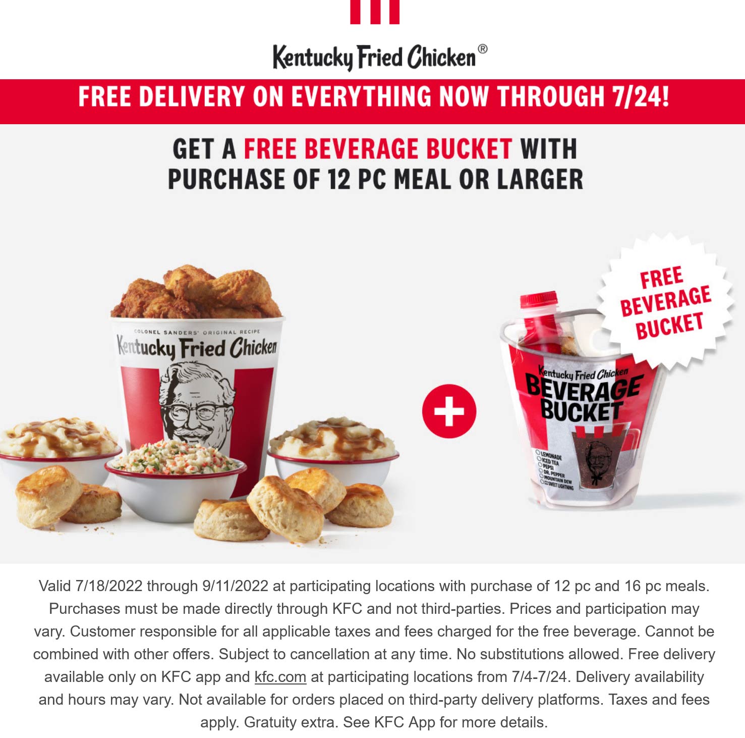 KFC restaurants Coupon  Free beverage bucket with 12pc+ meal at KFC #kfc 