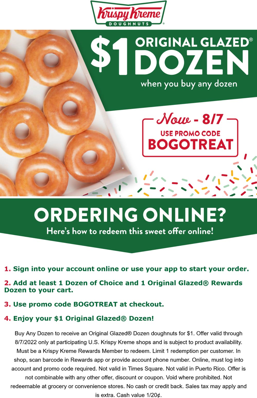 Krispy Kreme restaurants Coupon  Second dozen for $1 via rewards at Krispy Kreme doughnuts promo code BOGOTREAT #krispykreme 