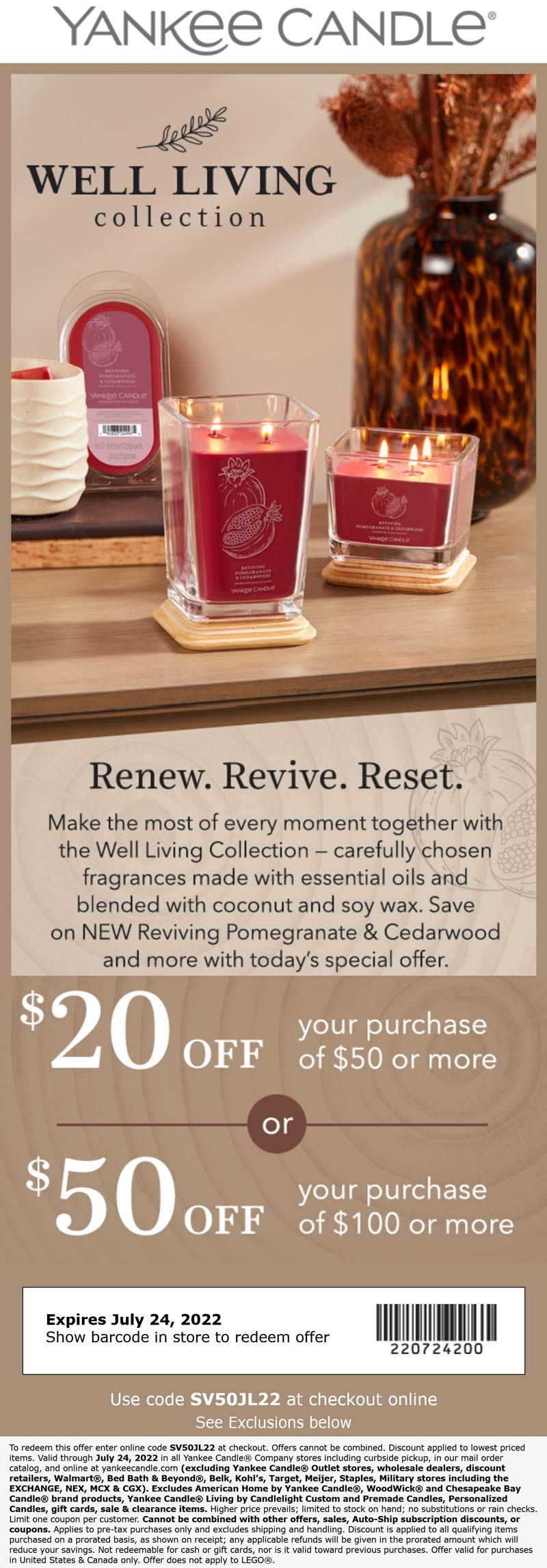 Yankee Candle stores Coupon  $20-$50 off $50+ at Yankee Candle, or online via promo code SV50JL22 #yankeecandle 