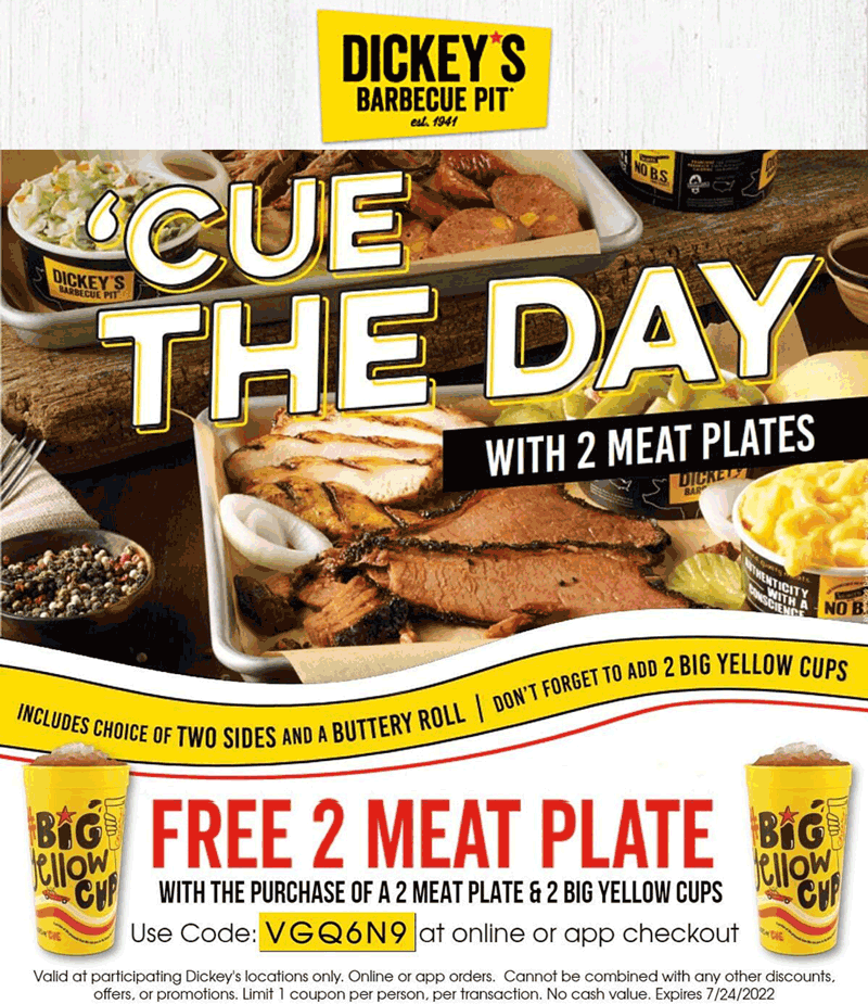Dickeys Barbecue Pit restaurants Coupon  Second 2-meat plate free at Dickeys Barbecue Pit restaurants via promo code VGQ6N9 #dickeysbarbecuepit 