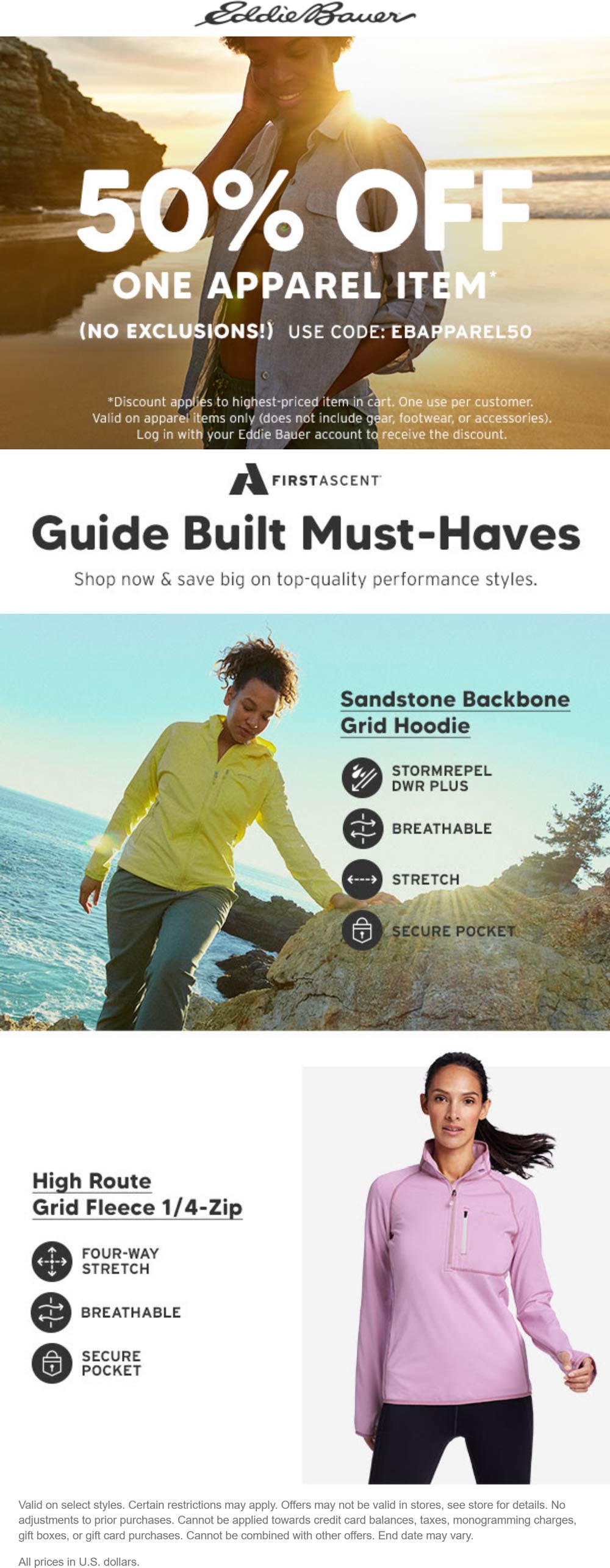 Eddie Bauer stores Coupon  50% off a single apparel item online at Eddie Bauer via promo code EBAPPAREL50 #eddiebauer 
