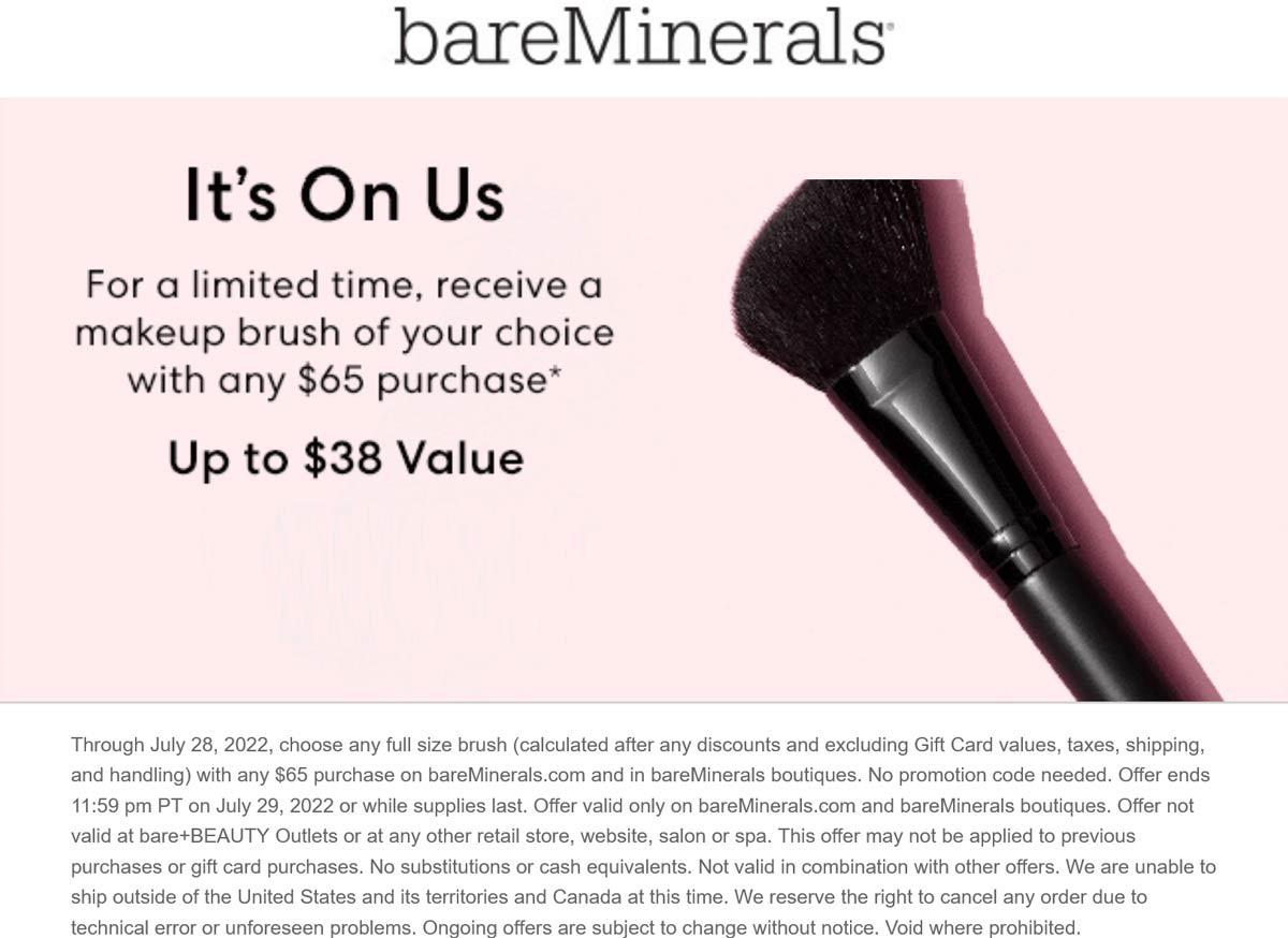 bareMinerals stores Coupon  Any full size brush free with $65 spent at bareMinerals, ditto online #bareminerals 