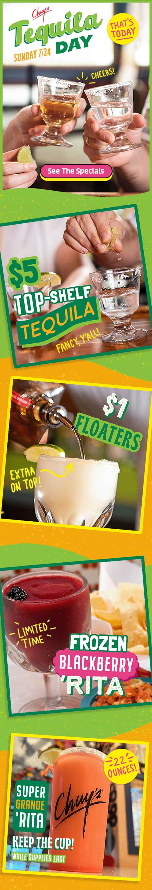 Chuys restaurants Coupon  $5 top shelf tequila shots & $1 floaters today at Chuys restaurants #chuys 
