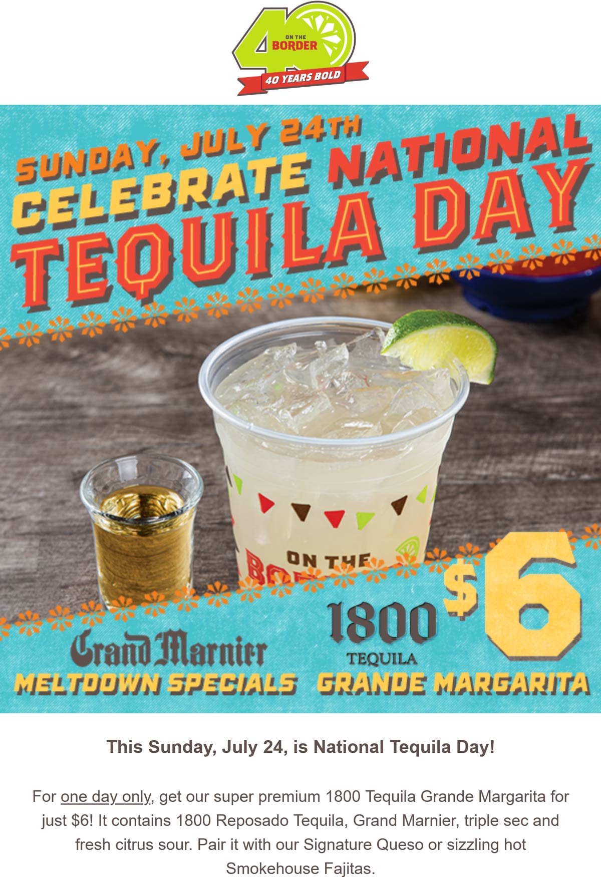 On The Border restaurants Coupon  $6 premium 1800 Tequila Grande Margarita today at On The Border restaurants #ontheborder 
