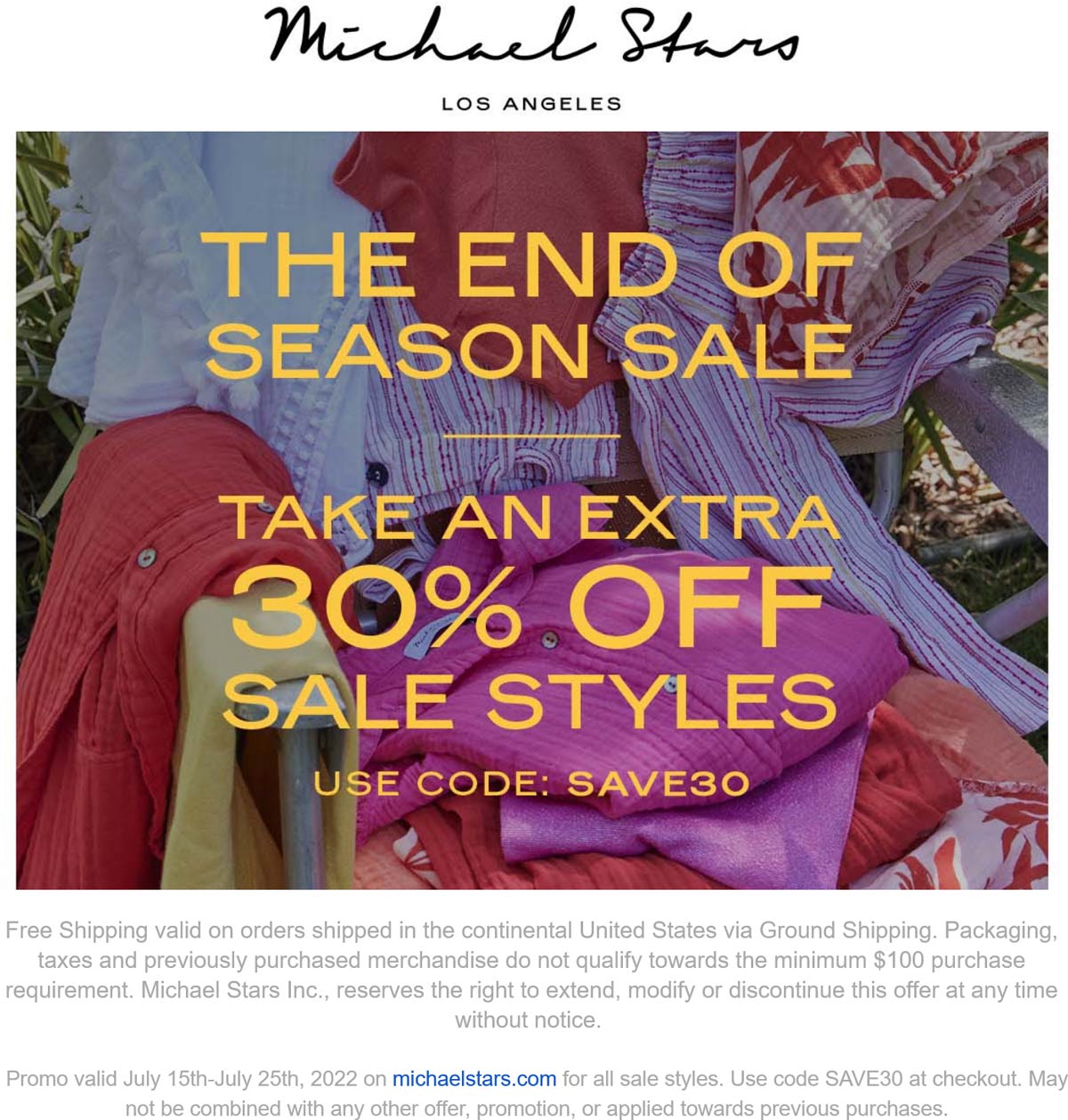 Michael Stars stores Coupon  Extra 30% off sale styles online today at Michael Stars via promo code SAVE30 #michaelstars 