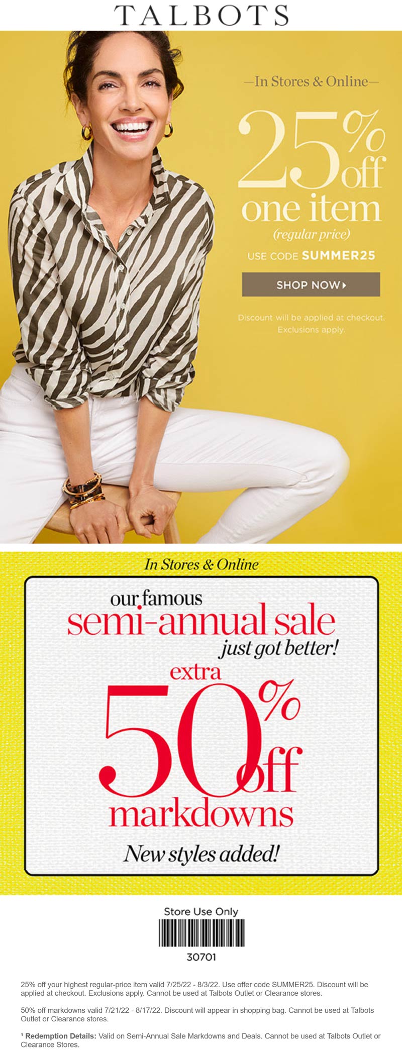 Talbots stores Coupon  25% off a single item & more at Talbots, or online via promo code SUMMER25 #talbots 