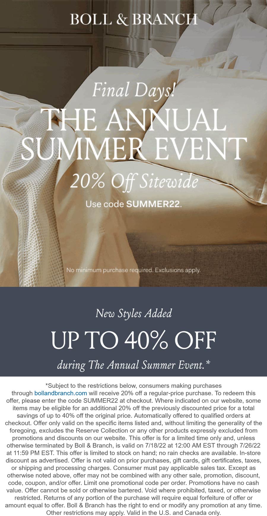 Boll & Branch stores Coupon  20% off & more today at Boll & Branch, or online via promo code SUMMER22 #bollbranch 