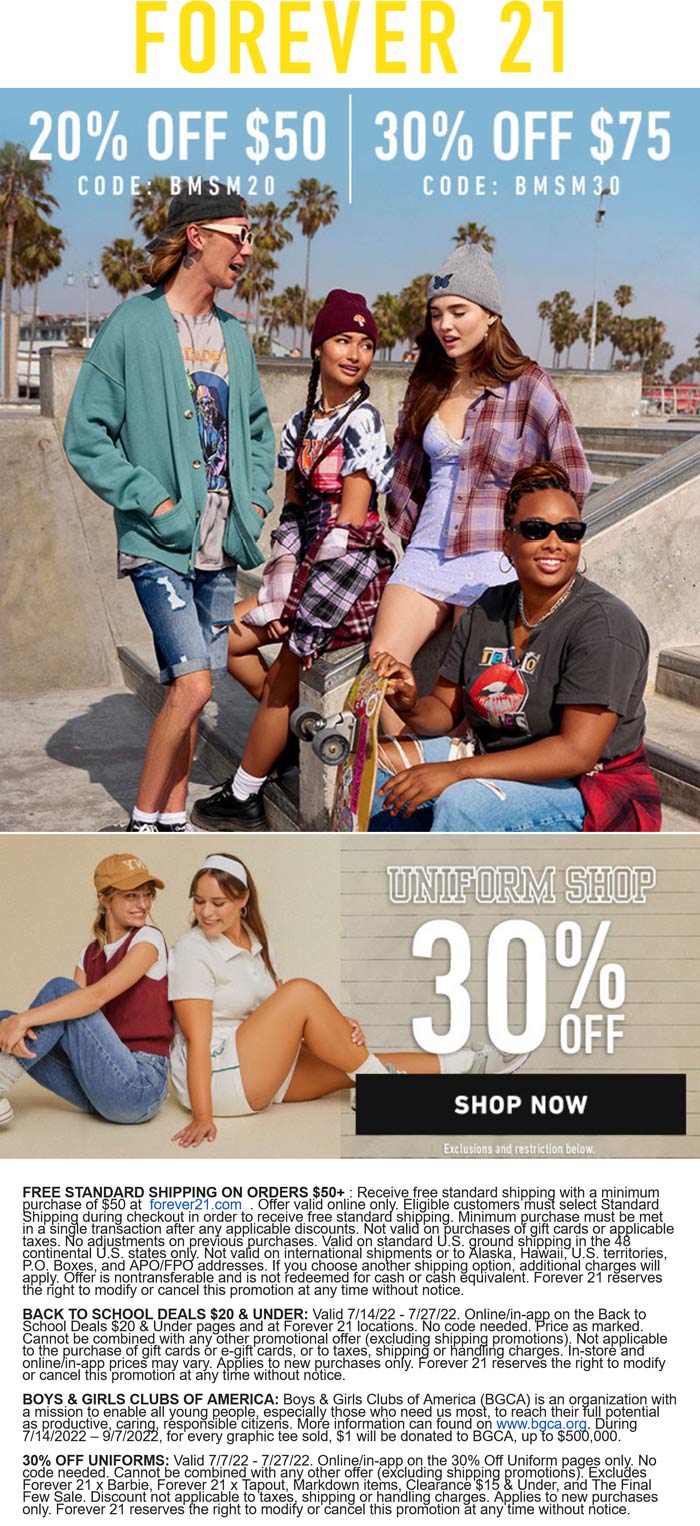 Forever 21 stores Coupon  20-30% off $50+ at Forever 21 via promo code SMSM20 #forever21 