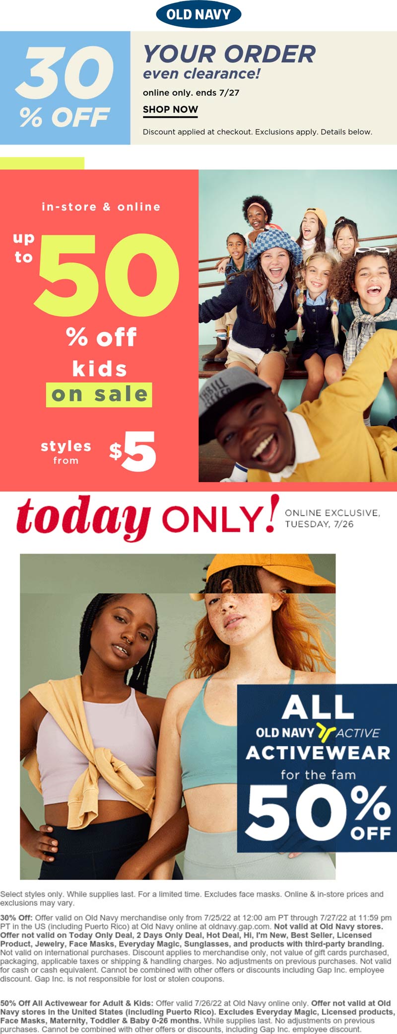 Old Navy stores Coupon  50% off activewear & 30% off online at Old Navy #oldnavy 