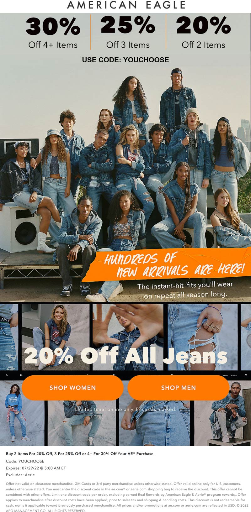 American Eagle stores Coupon  20-30% off 2+ items online at American Eagle via promo code YOUCHOOSE #americaneagle 