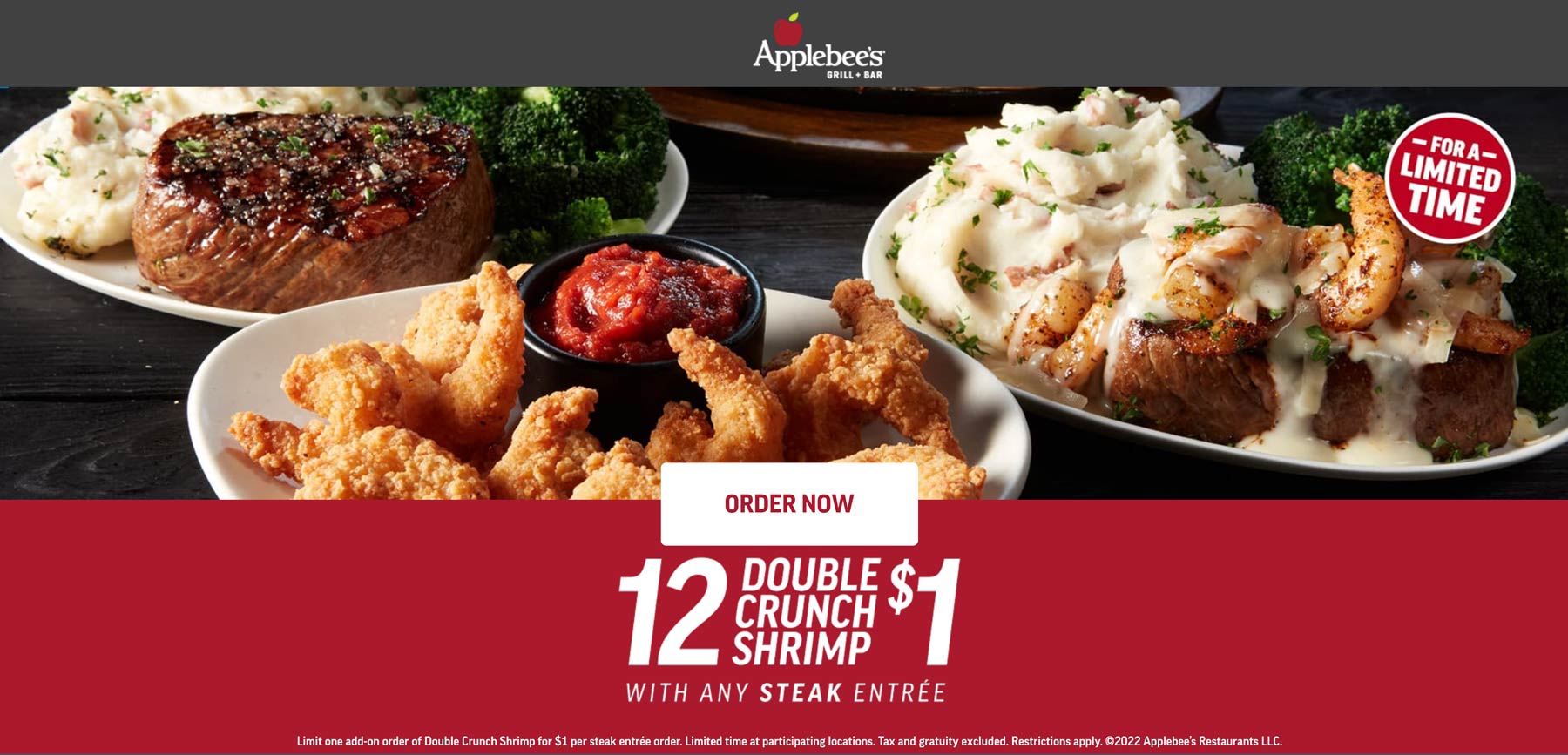 Applebees restaurants Coupon  Dozen fried shrimp for $1 with your steak at Applebees #applebees 