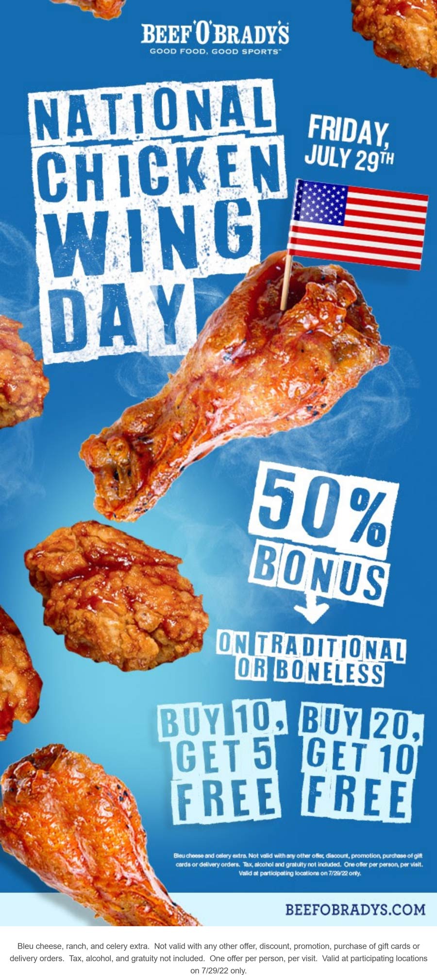 Extra 50 more wings free Friday at Beef OBradys restaurants 