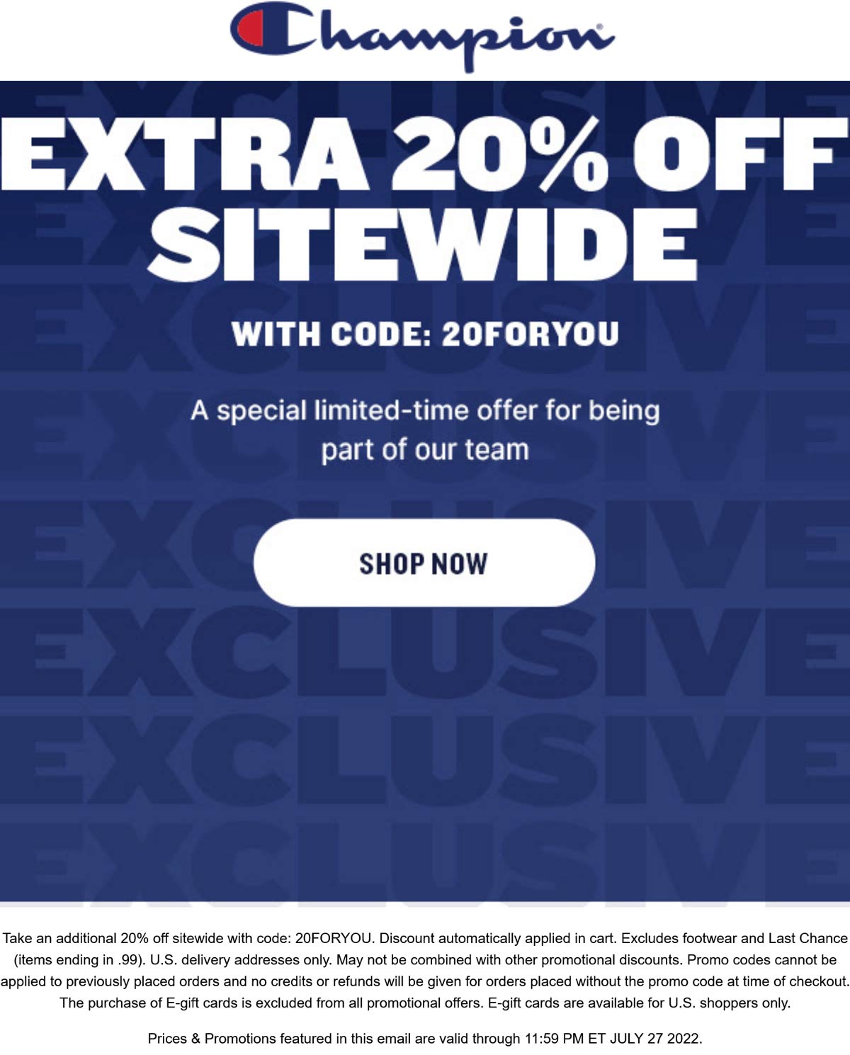 Champion stores Coupon  Extra 20% off everything online today at Champion via promo code 20FORYOU #champion 