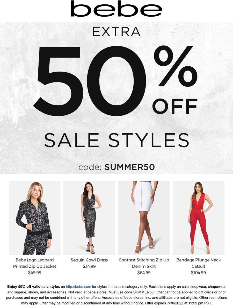 bebe stores Coupon  Extra 50% off sale styles at bebe via promo code SUMMER50 #bebe 