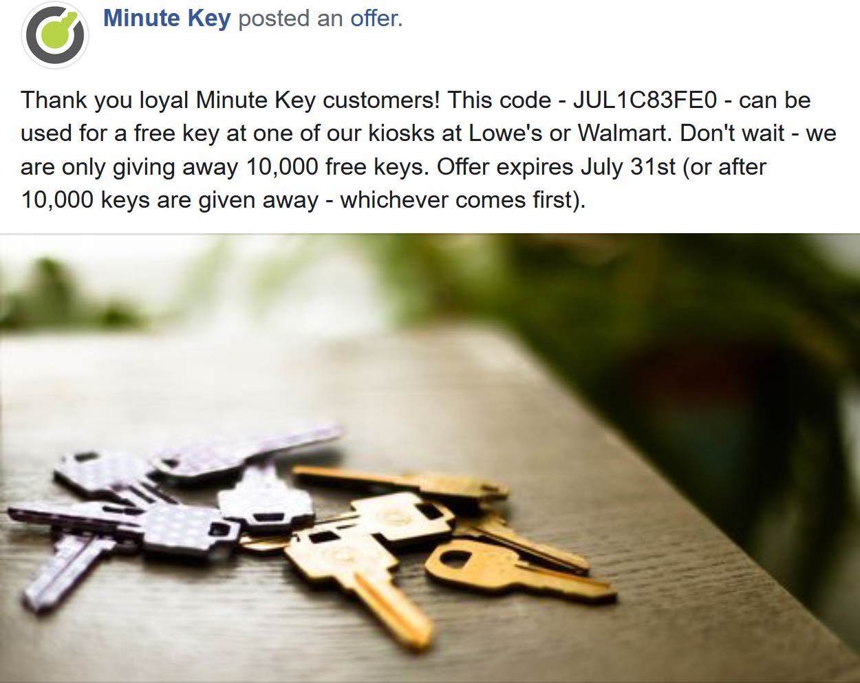 Minute Key stores Coupon  Free duplicate key at Minute Key inside Lowes & Walmart via promo code JUL1C83FE0 #minutekey 